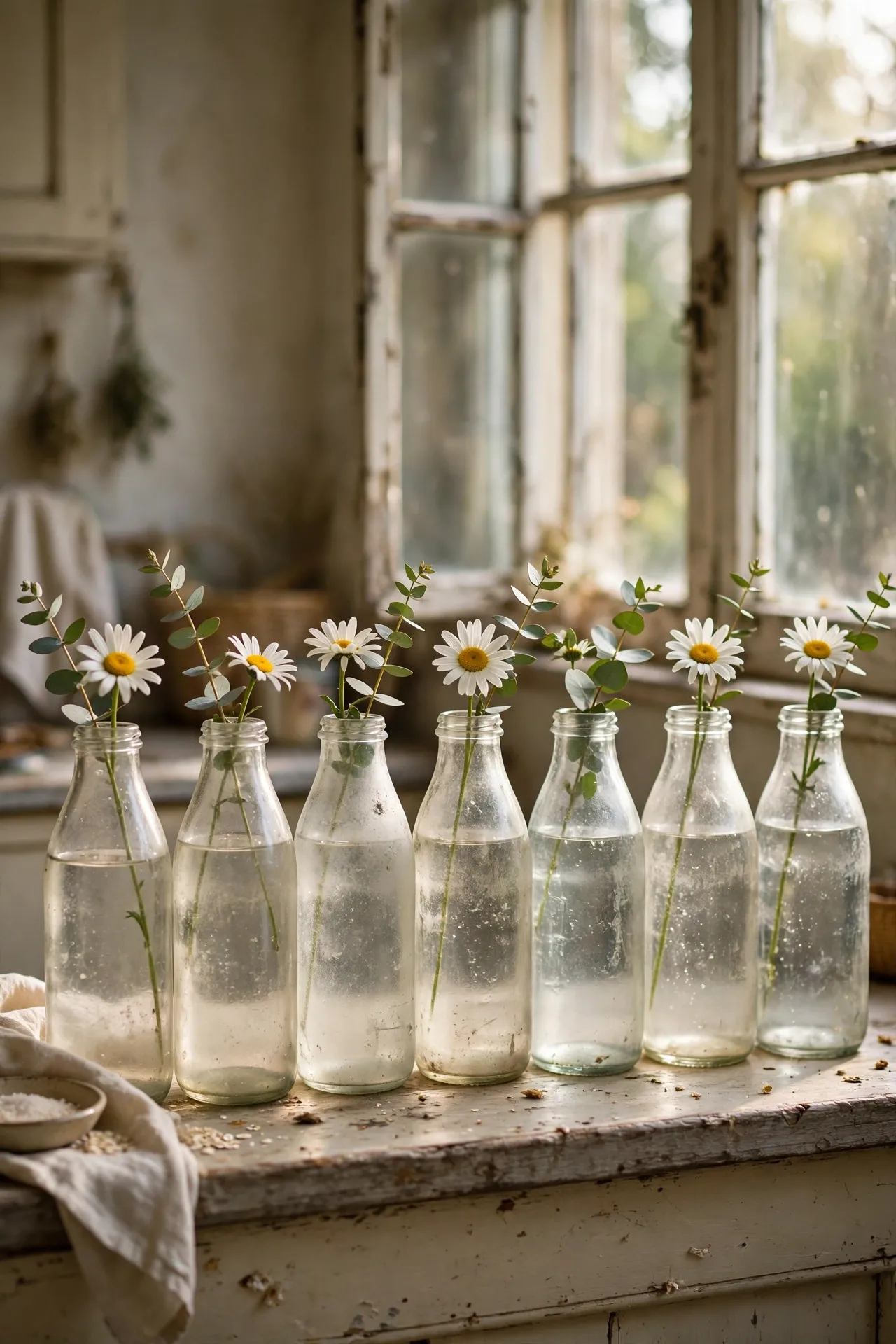 Old glass milk bottles with single flower stems on a kitchen windowsill