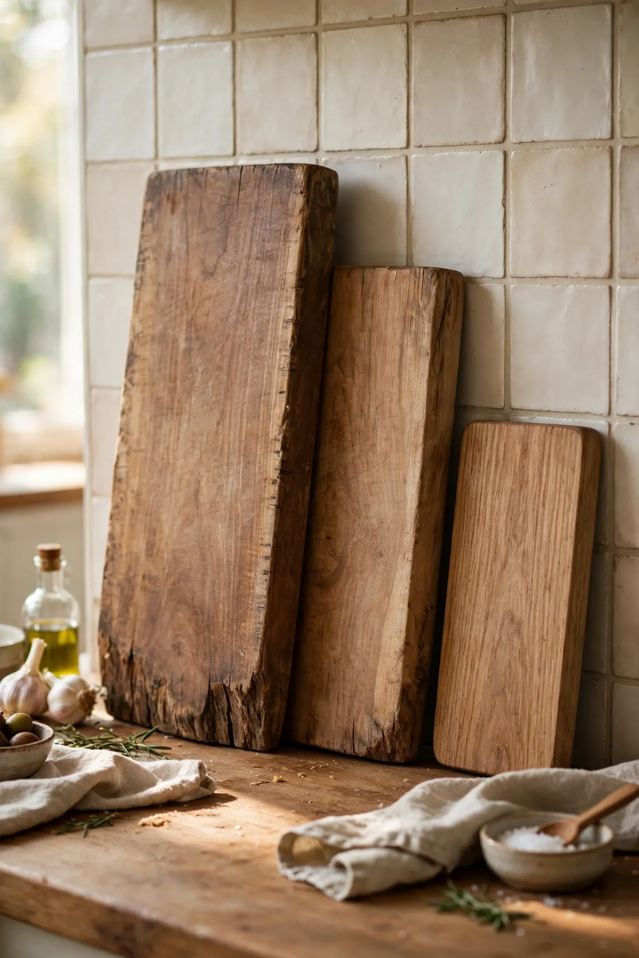 Chunky wooden cutting boards leaned against a kitchen backsplash