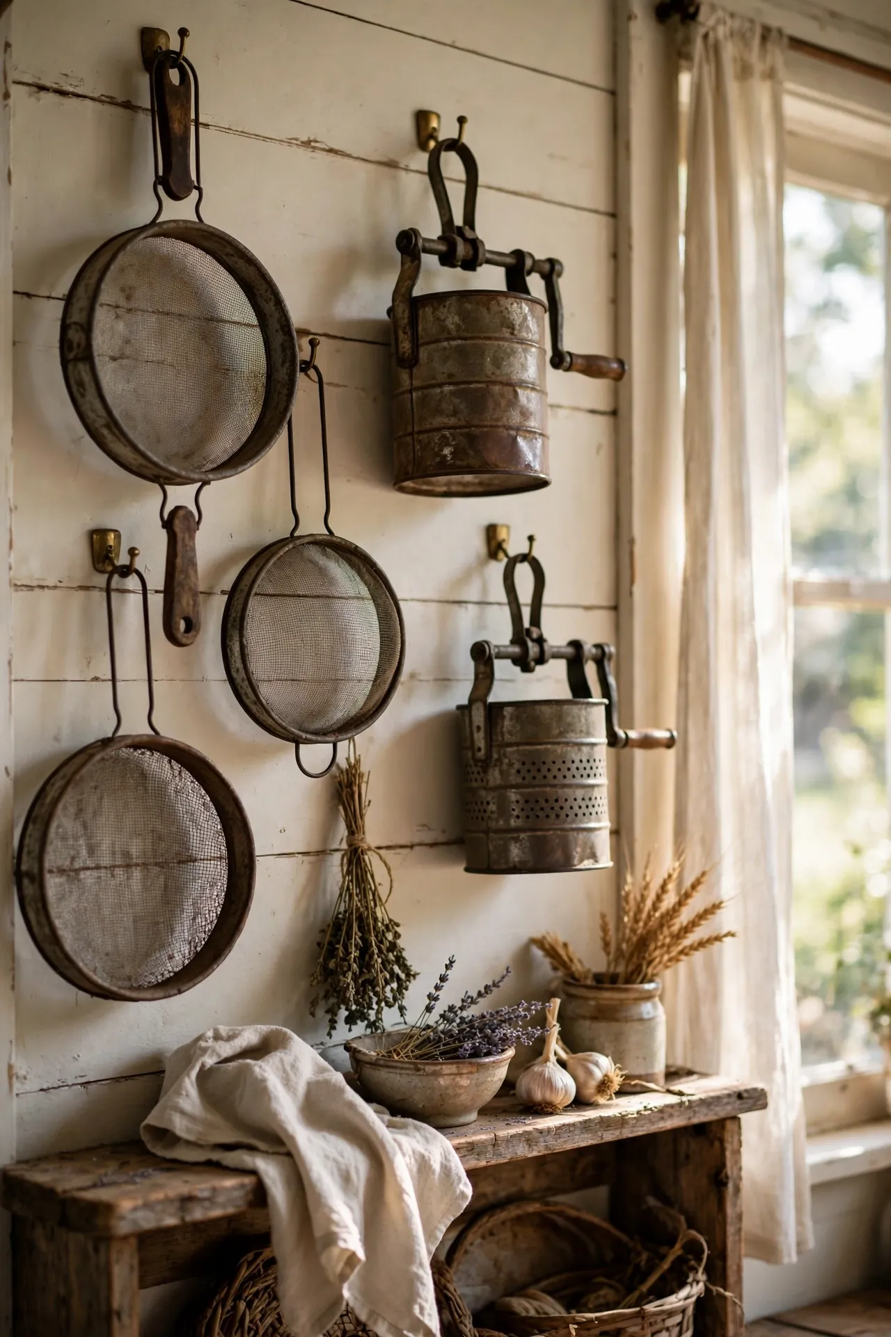 Vintage wire sieves and tin strainers hung on hooks as kitchen wall art