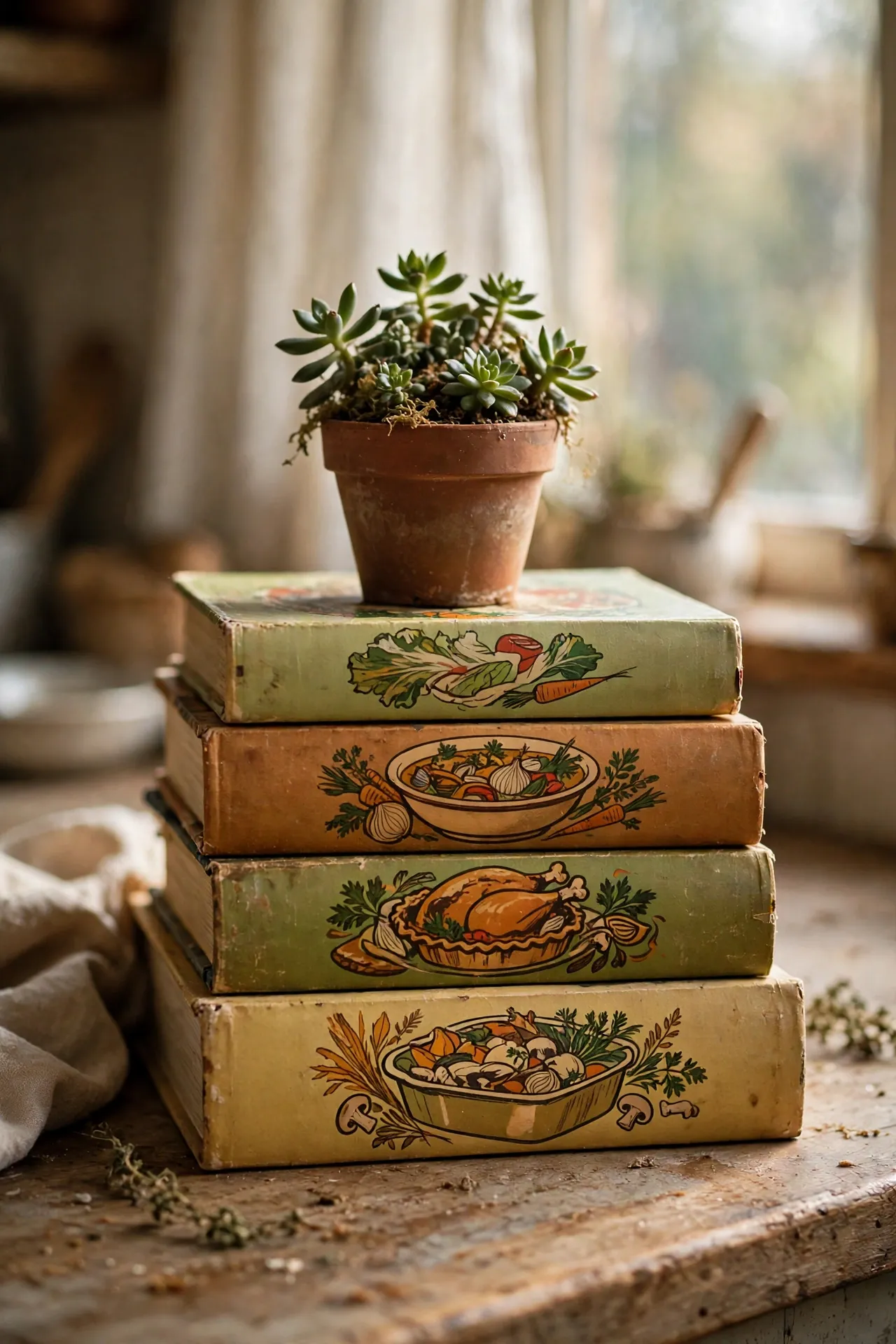 Stack of vintage 1970s cookbooks styled on a kitchen counter