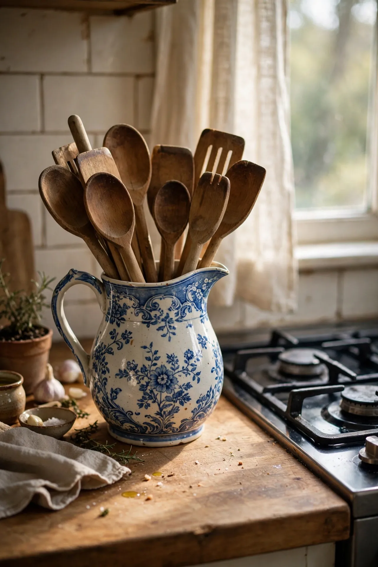 Blue and white ceramic pitcher holding wooden kitchen utensils