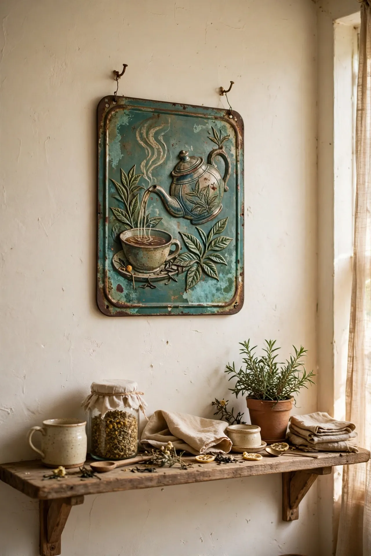 Vintage tin tea advertisement sign hung on a cosy kitchen wall