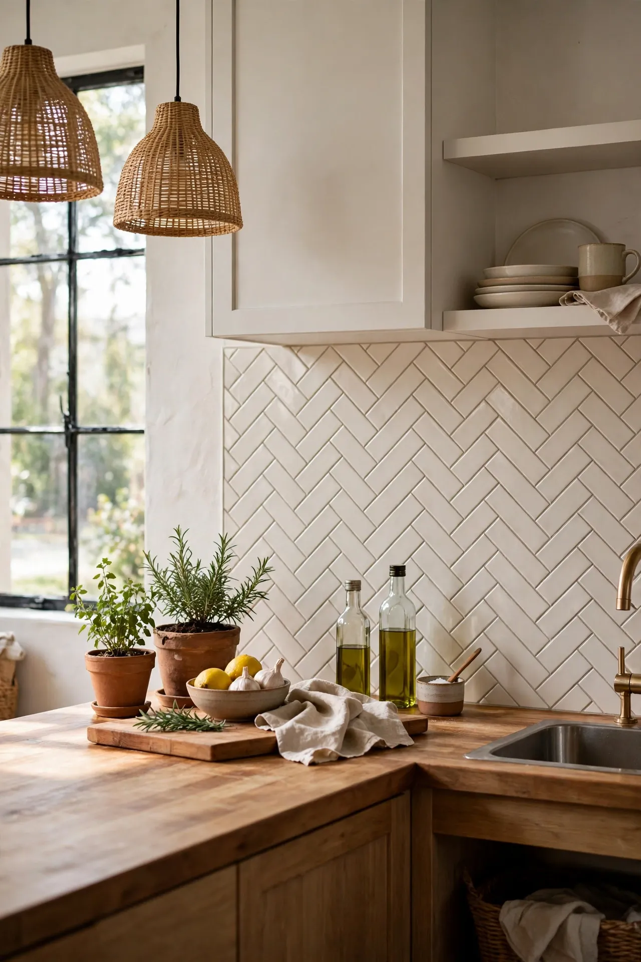 Herringbone pattern subway tile backsplash in a bright modern kitchen