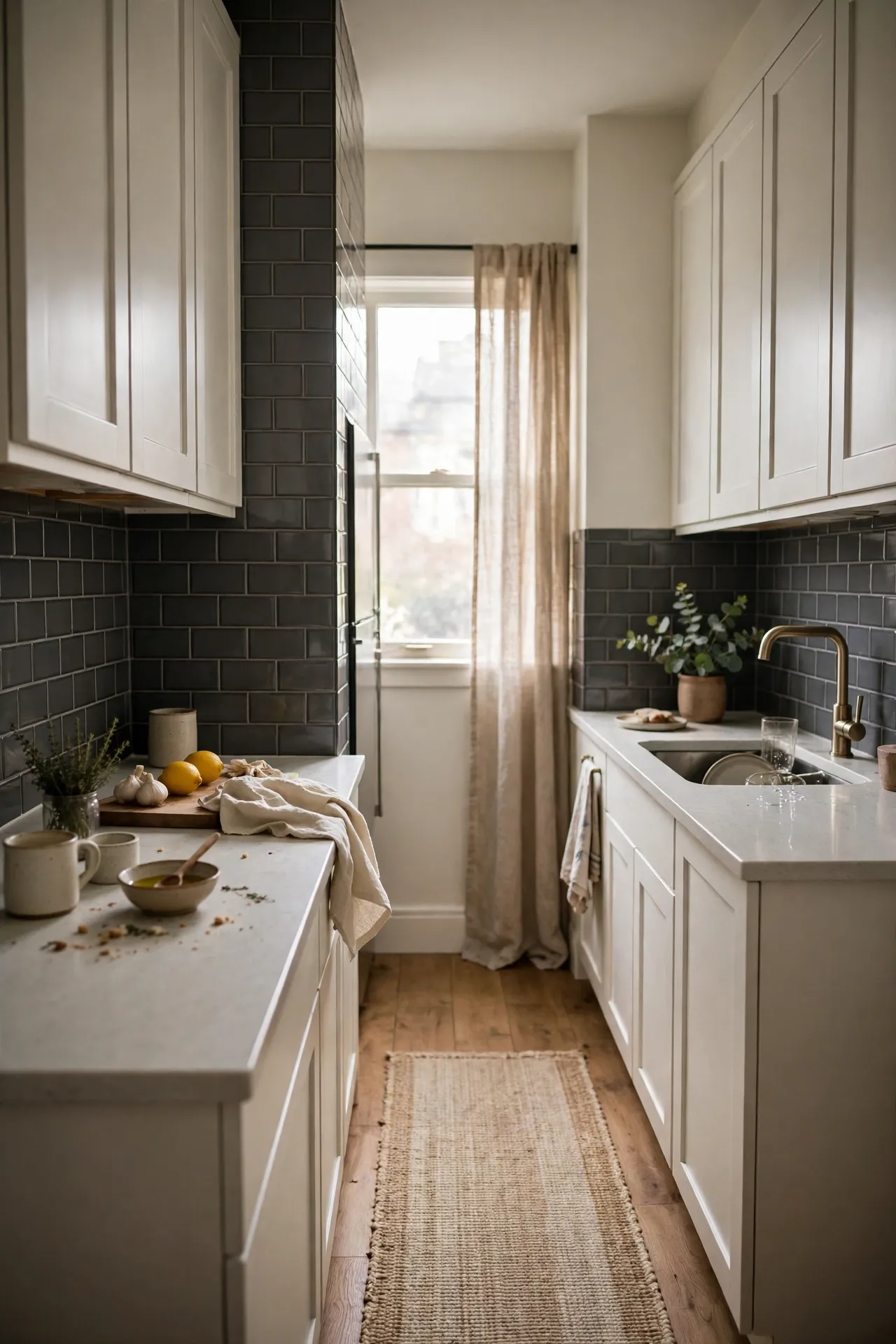 Dark grey subway tile backsplash in a moody galley kitchen