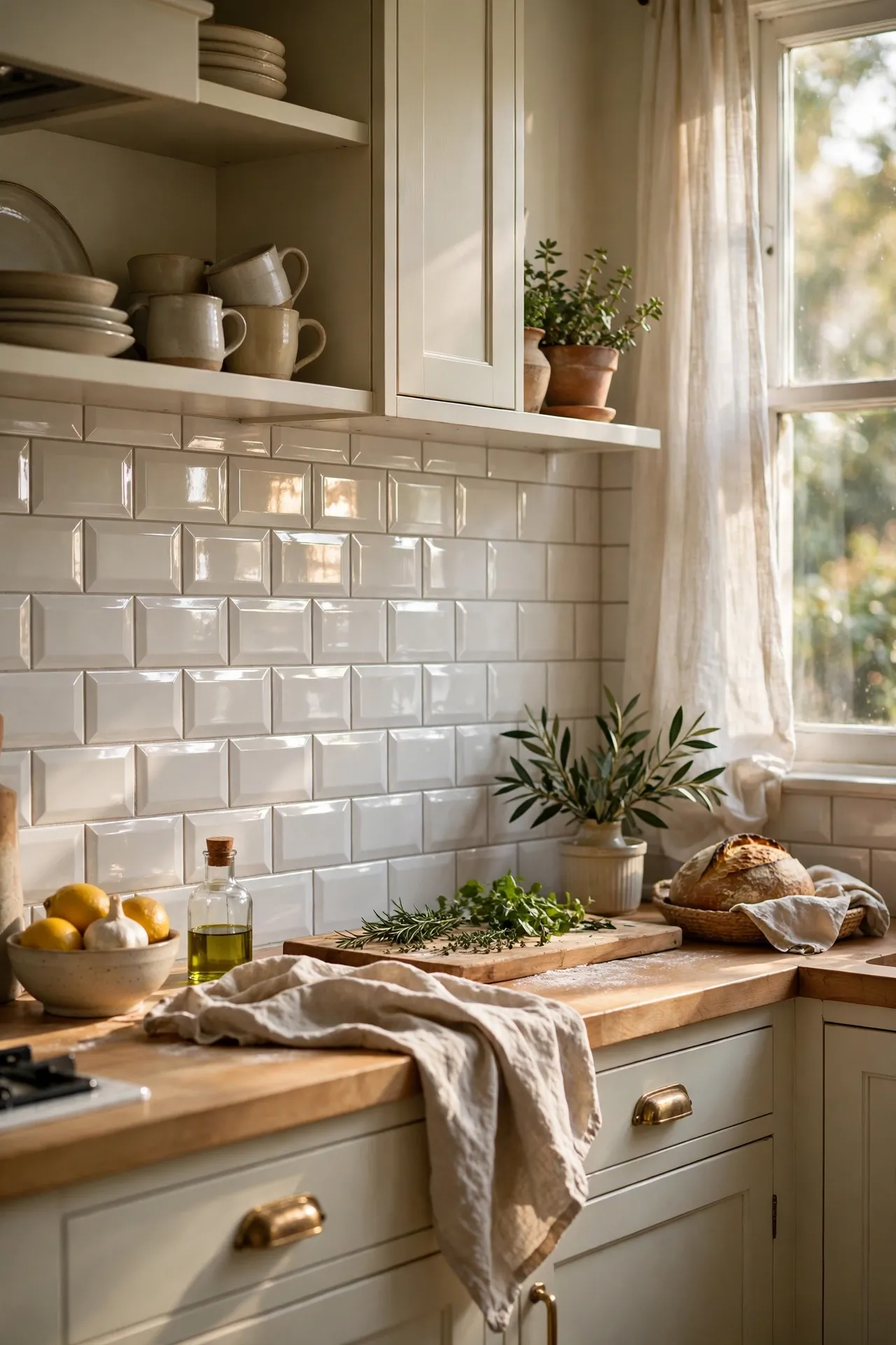 Bevelled edge subway tile backsplash catching light in a kitchen