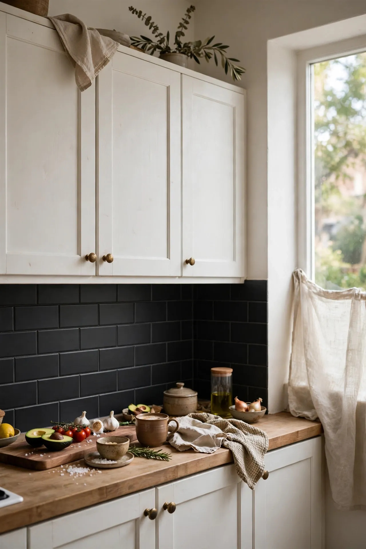 Matte black subway tile accent backsplash with white kitchen cabinets