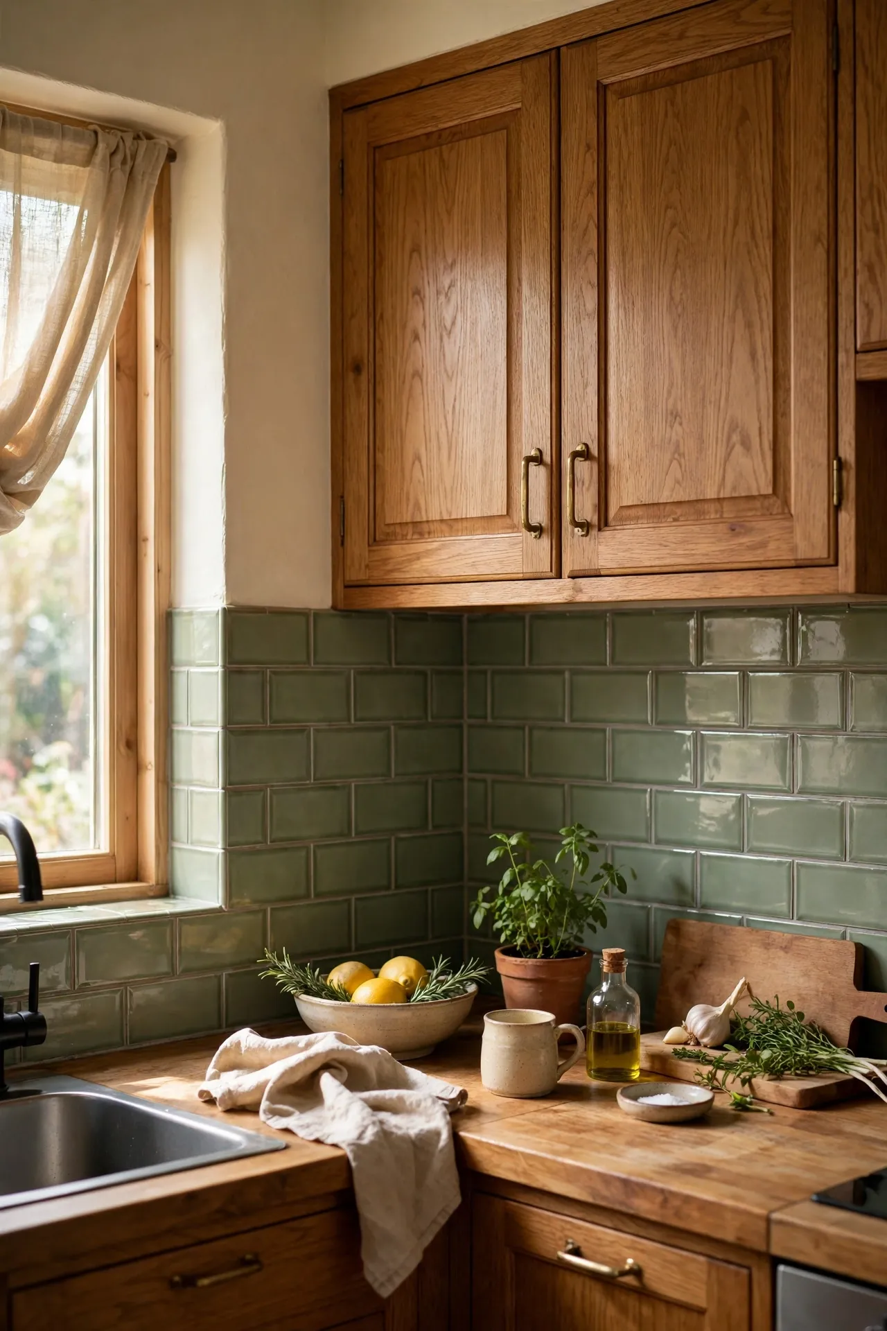 Sage green subway tile backsplash with oak cabinets in a kitchen