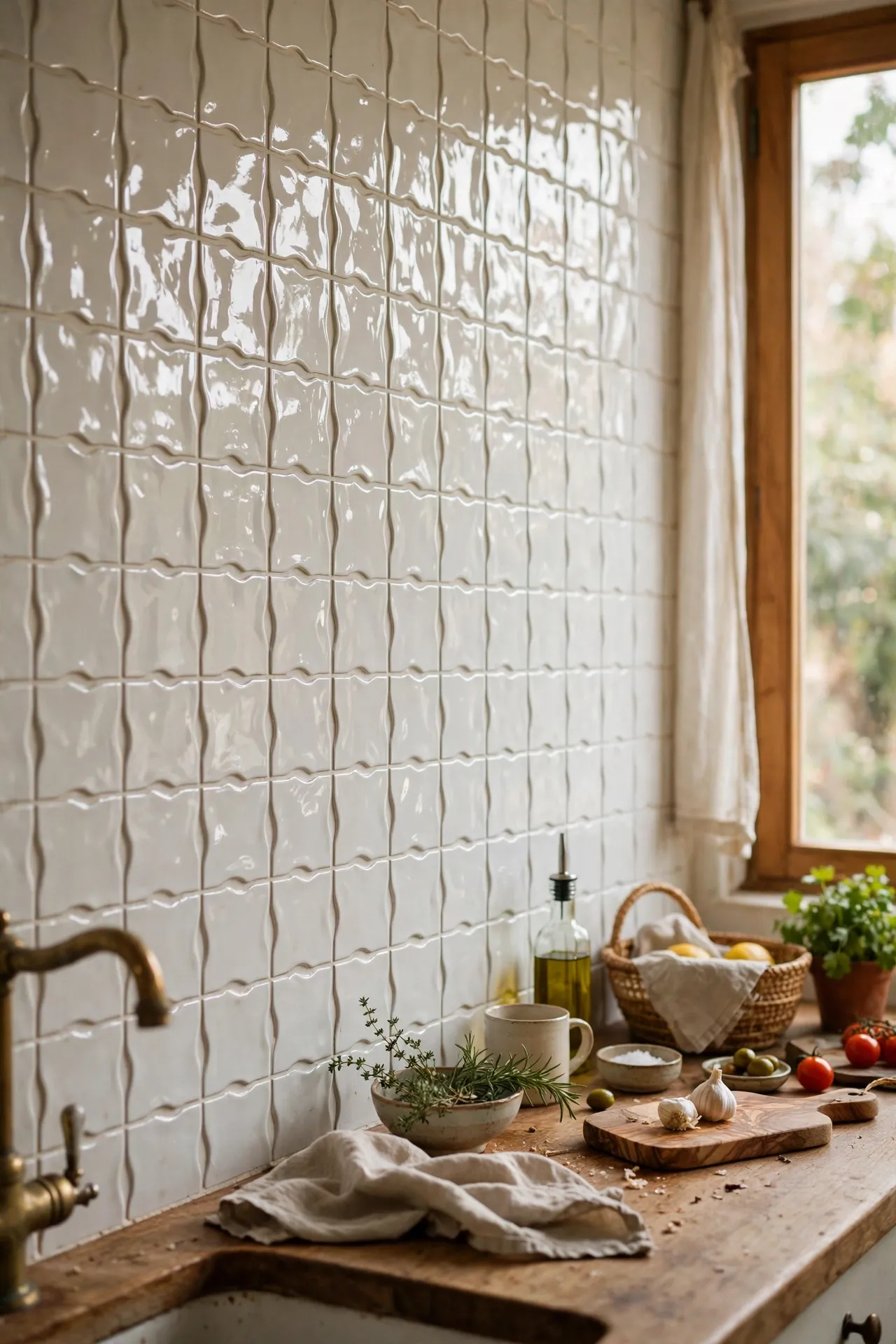 Glossy white Moroccan zellige look tile kitchen backsplash