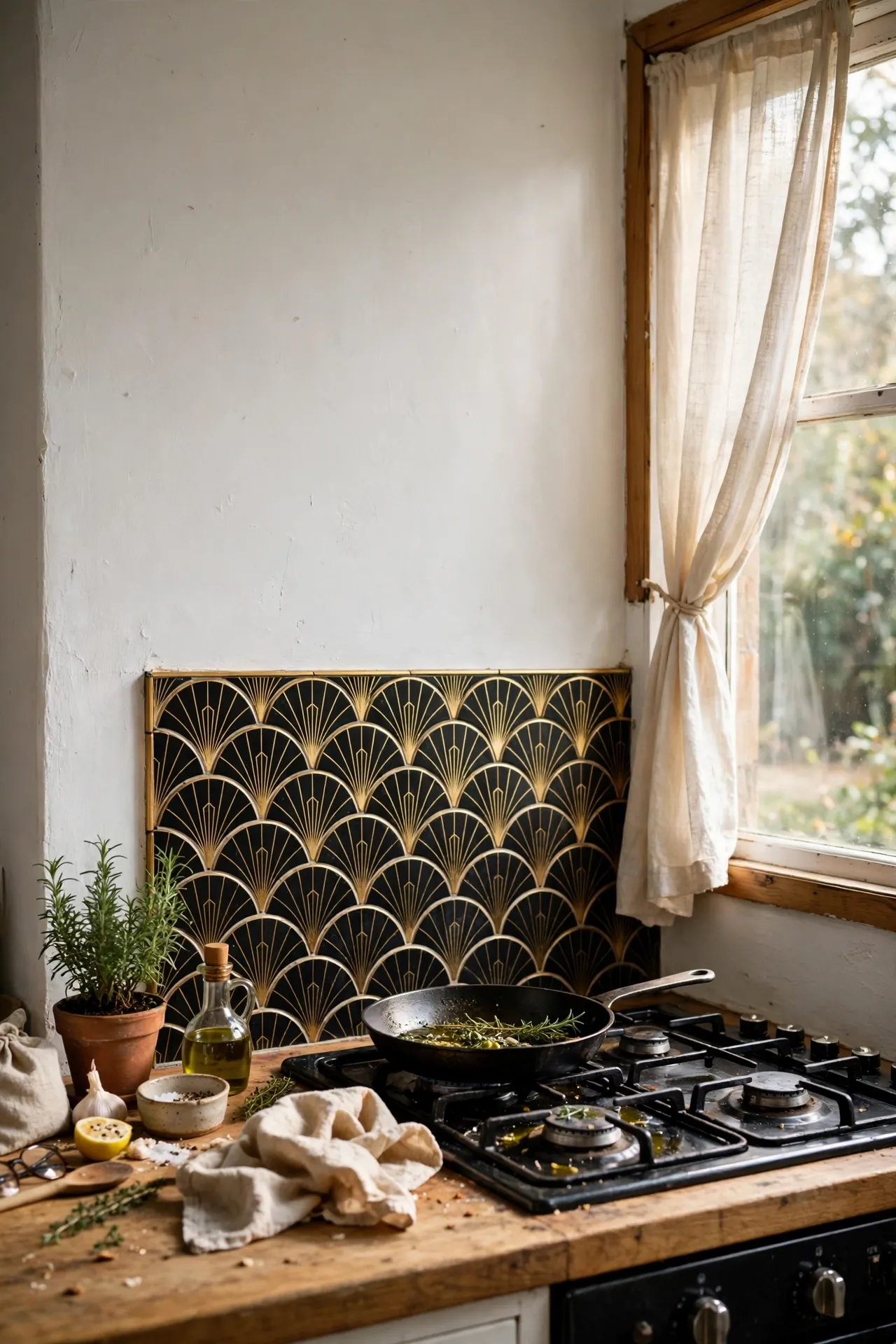 Black and gold art deco fan tile feature strip behind a hob