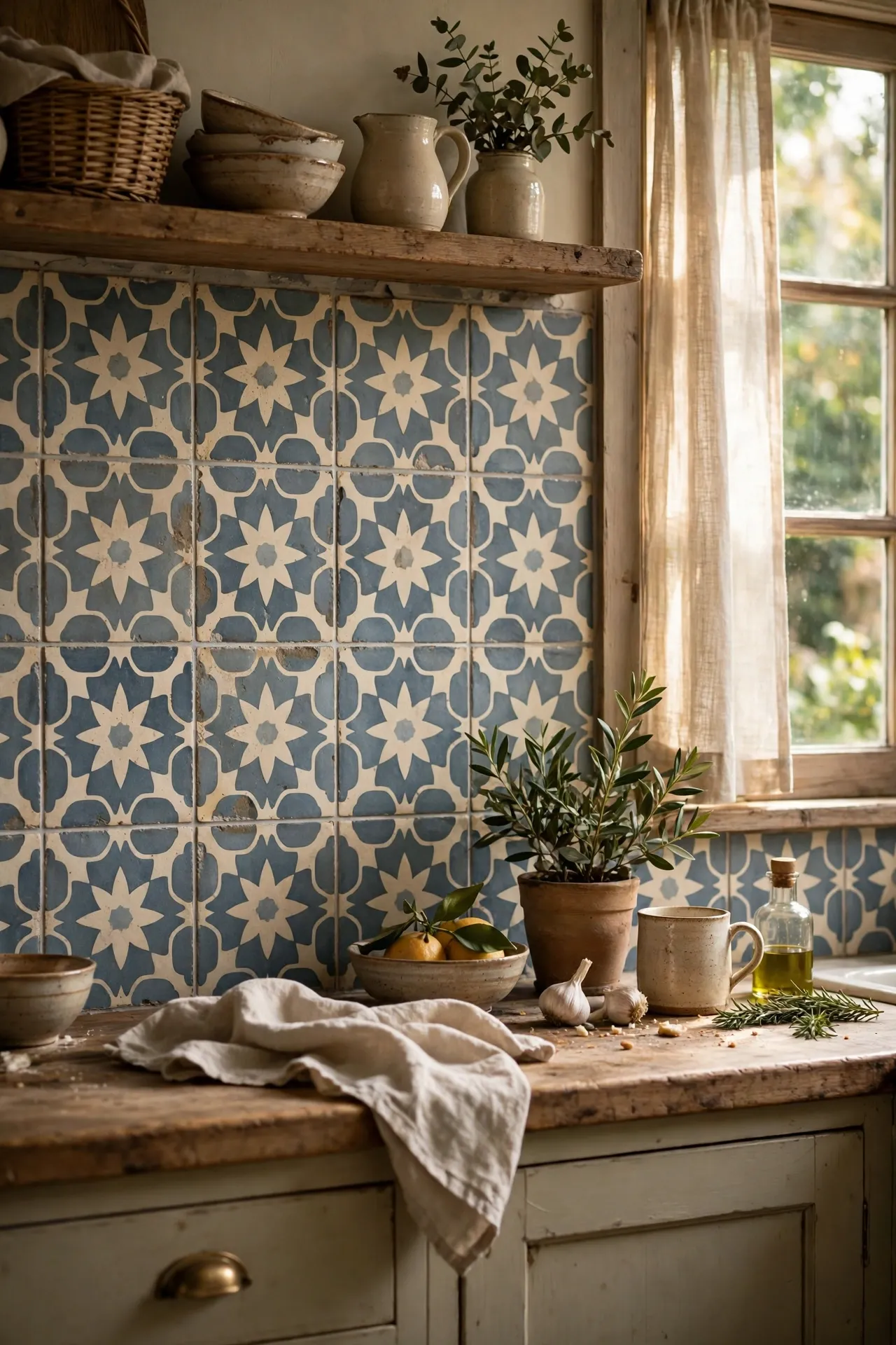 Encaustic cement look patterned tile backsplash in a cottage kitchen