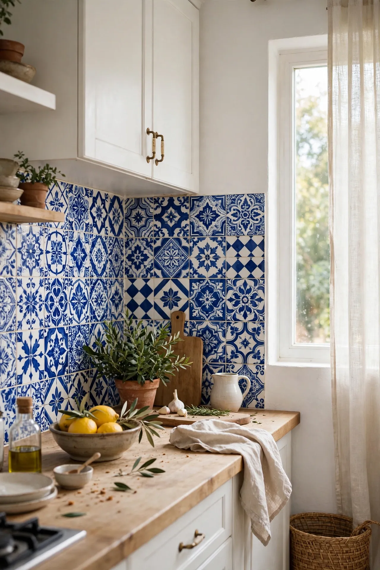 Blue and white Portuguese tile backsplash in a bright kitchen