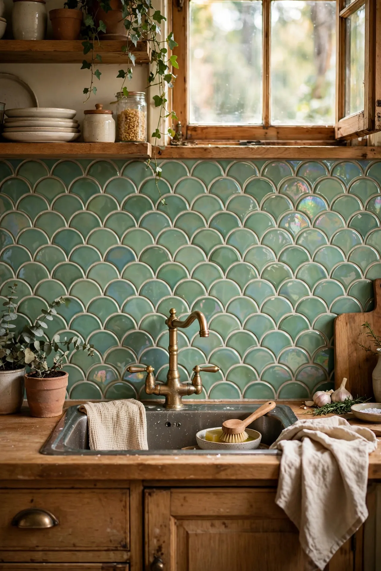 Pearly green fish scale mermaid tile panel behind a kitchen sink