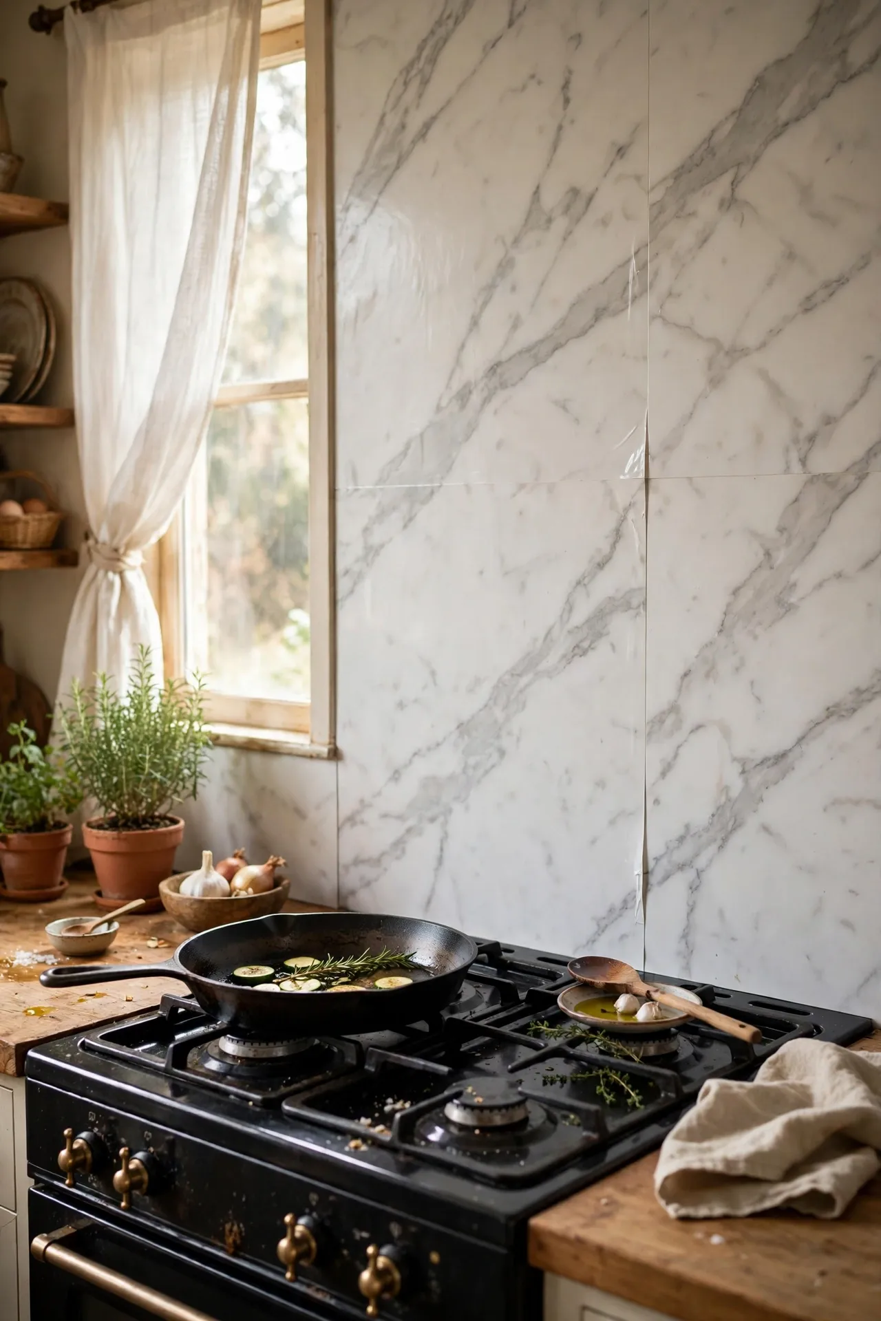 Carrara marble look peel and stick panels behind a kitchen hob