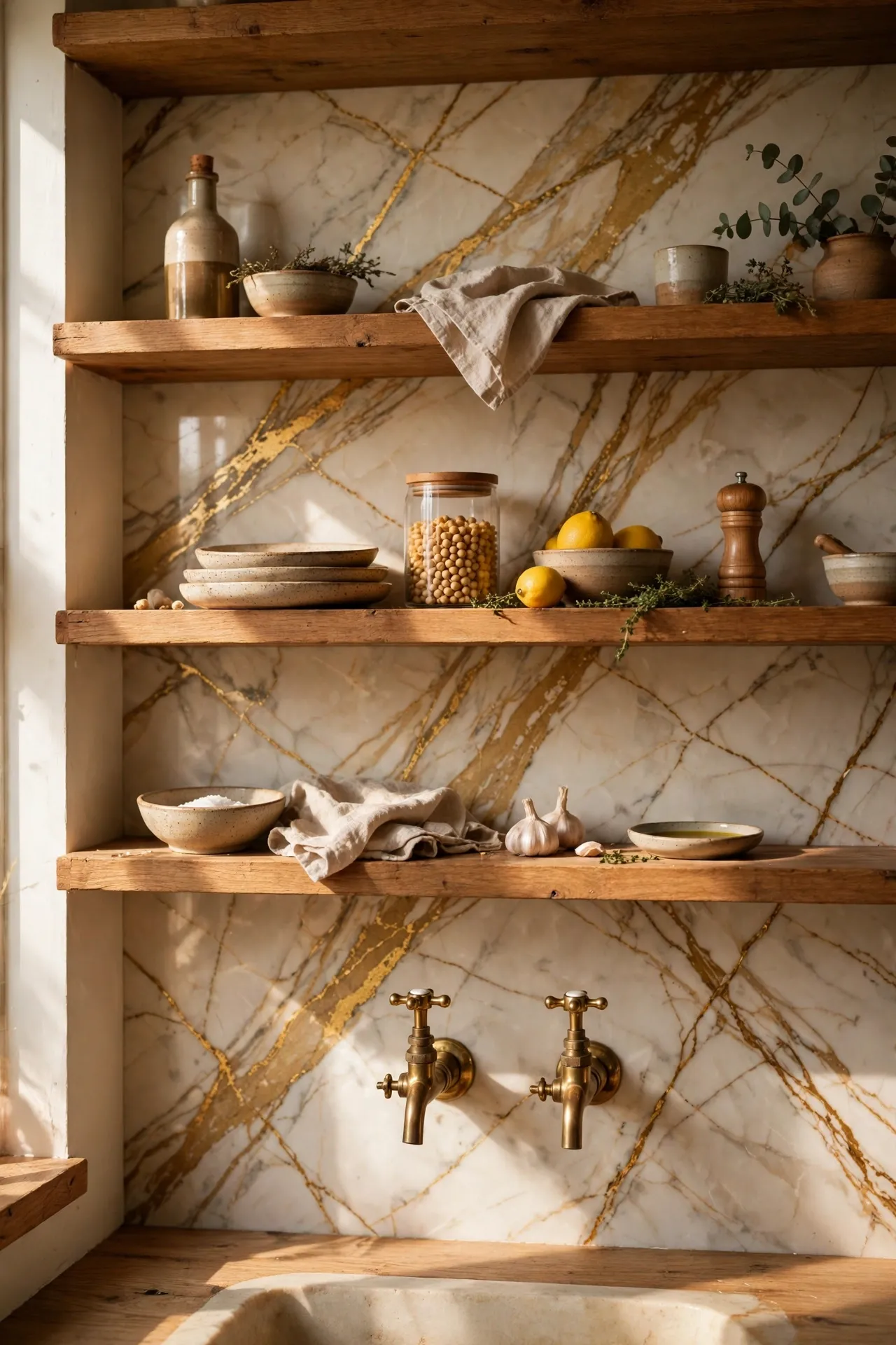 Calacatta gold marble look slab behind open kitchen shelving