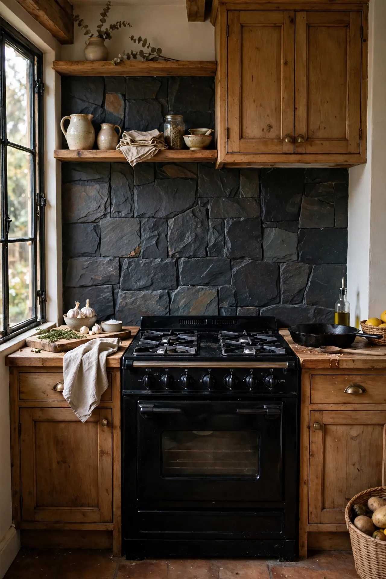 Dark slate stone look tile backsplash behind a range cooker