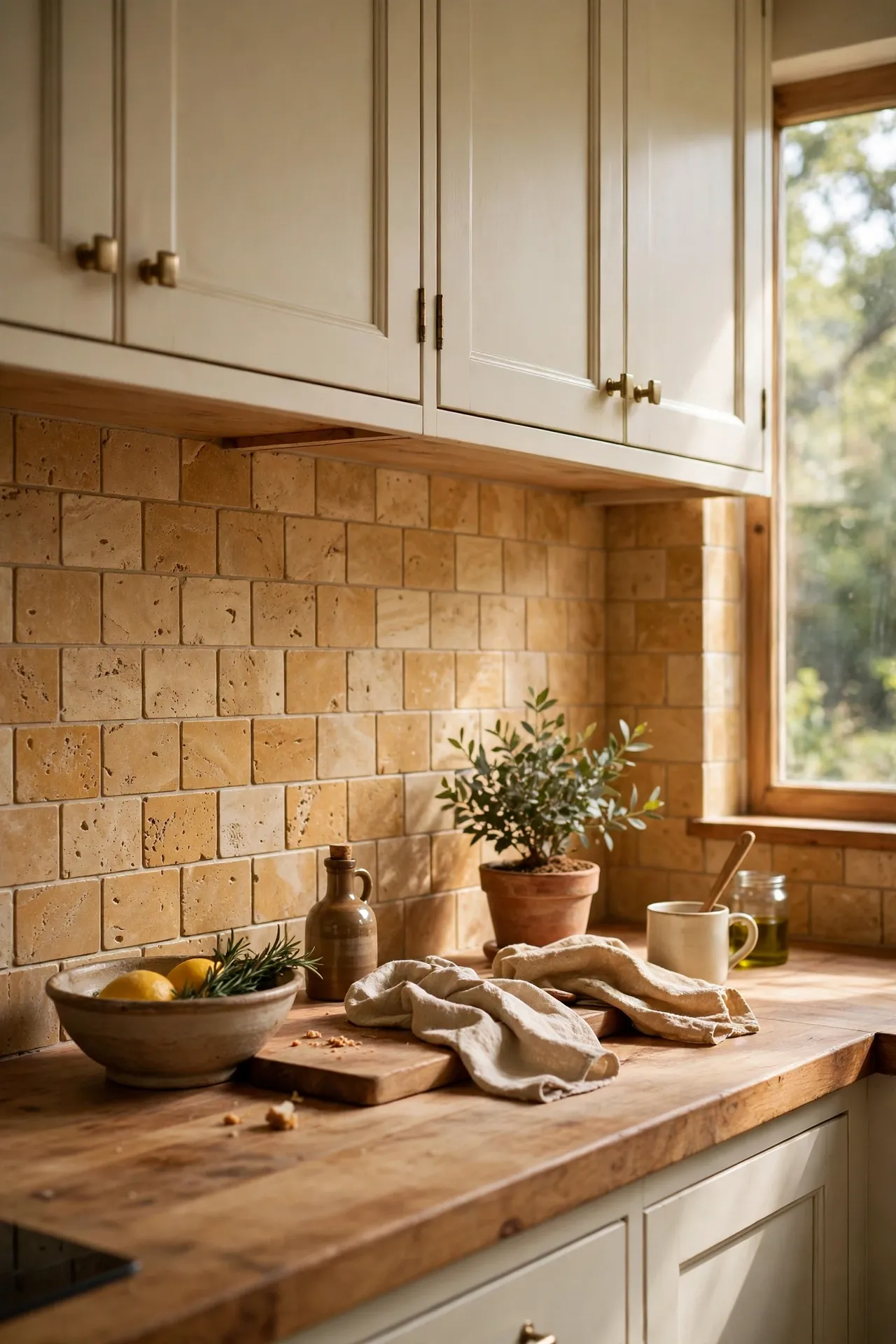 Honed travertine look tile backsplash with cream kitchen cabinets