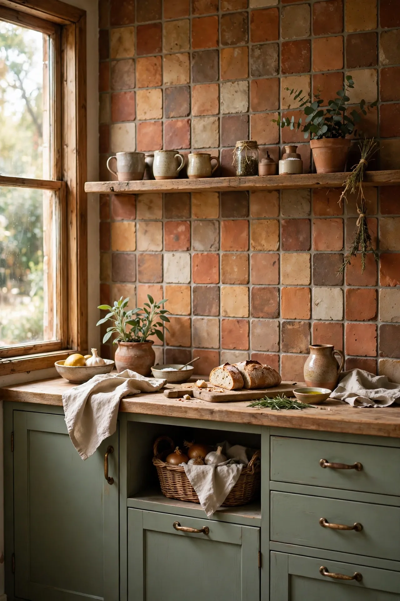 Terracotta stone square tile backsplash with sage green kitchen units