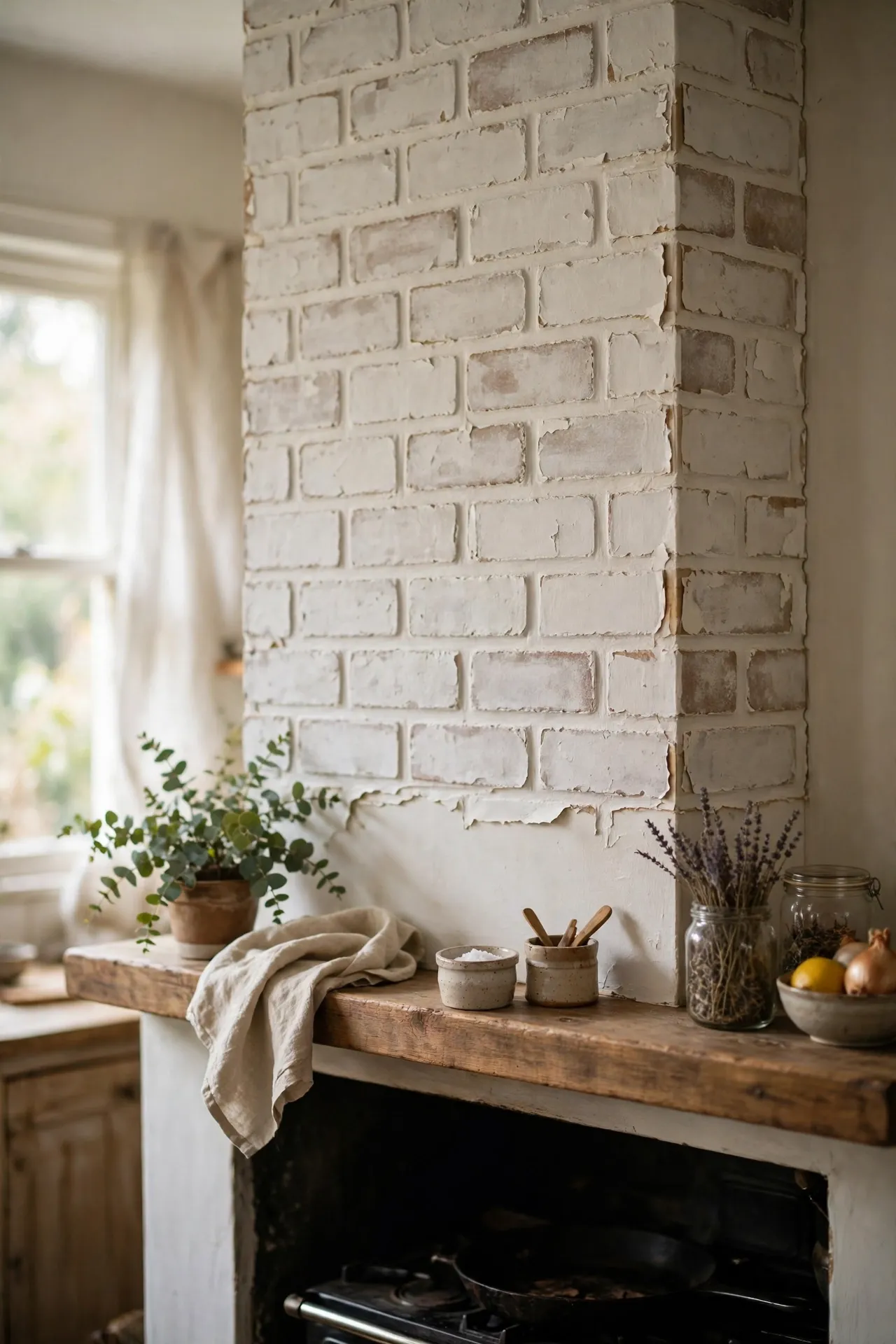 Whitewashed brick peel and stick panels on a kitchen chimney breast