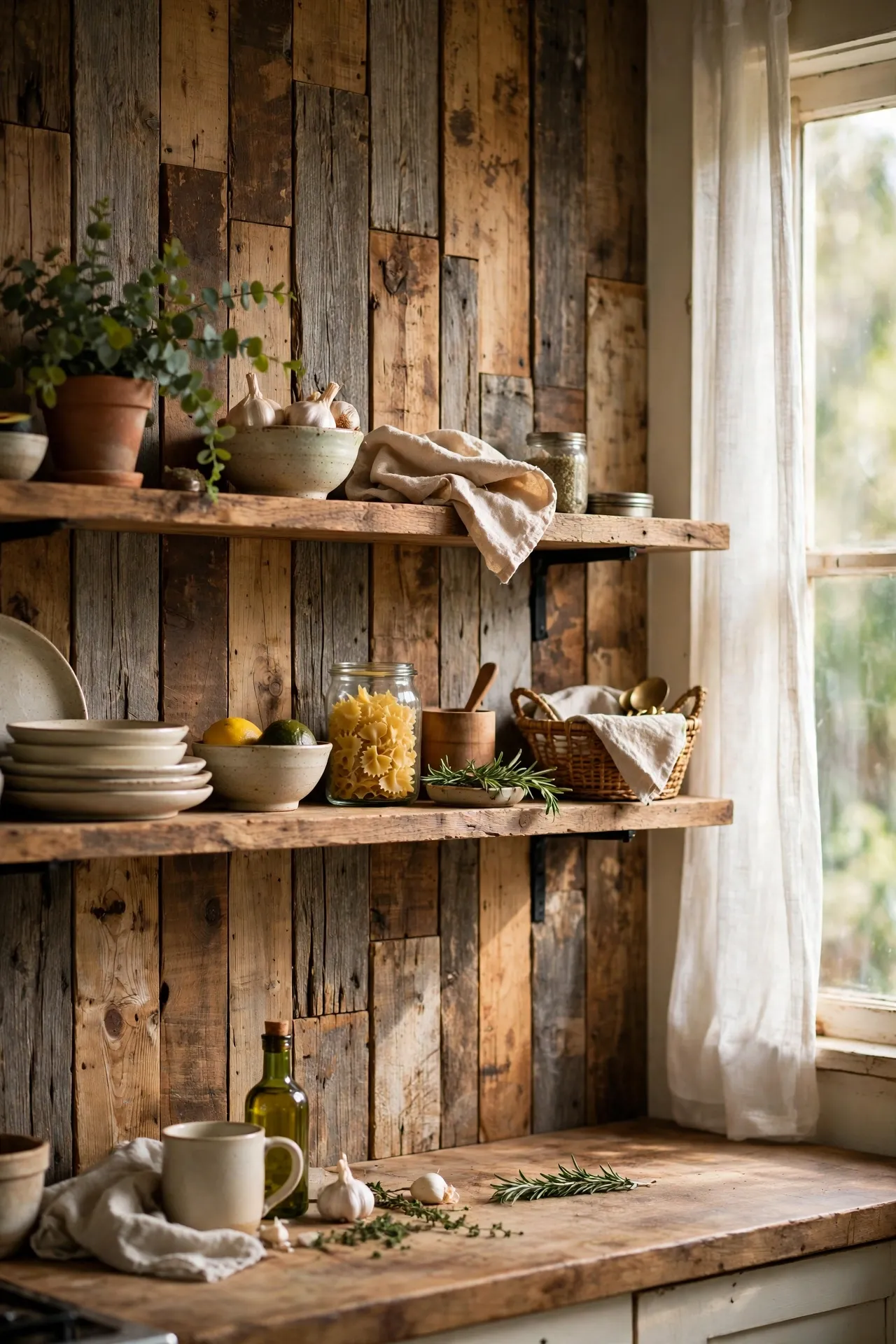 Reclaimed wood plank sticker backsplash behind open kitchen shelving