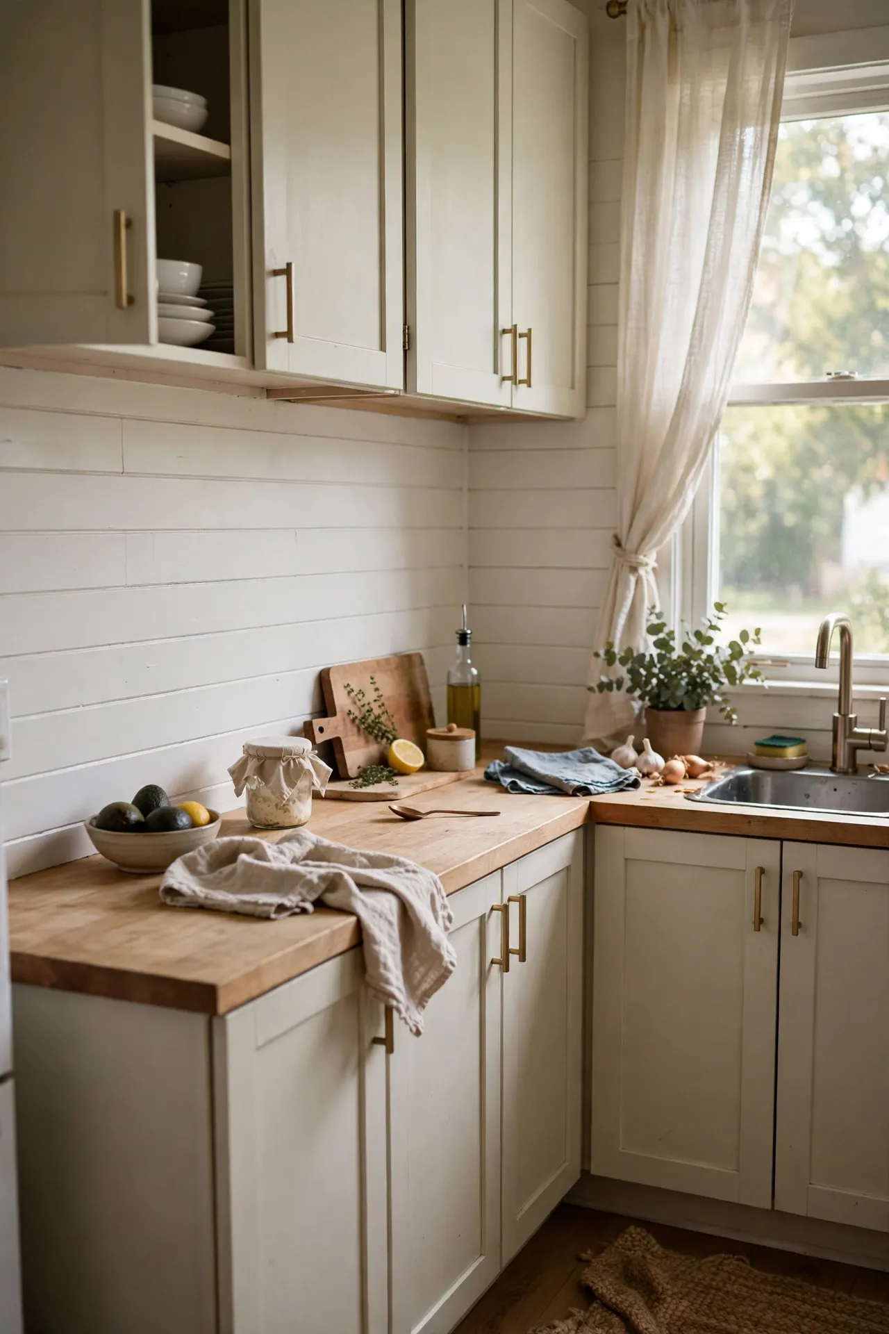 Soft white horizontal shiplap strip backsplash in a small kitchen