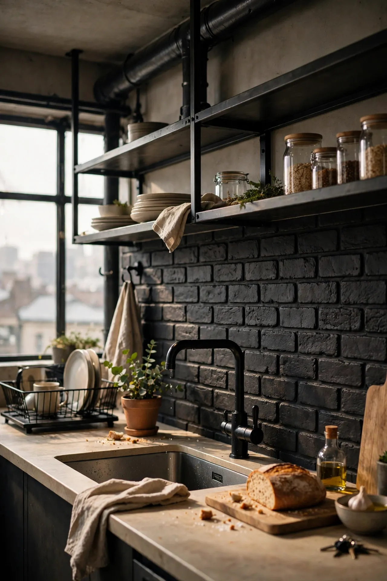 Charcoal brick peel and stick backsplash in an industrial city kitchen