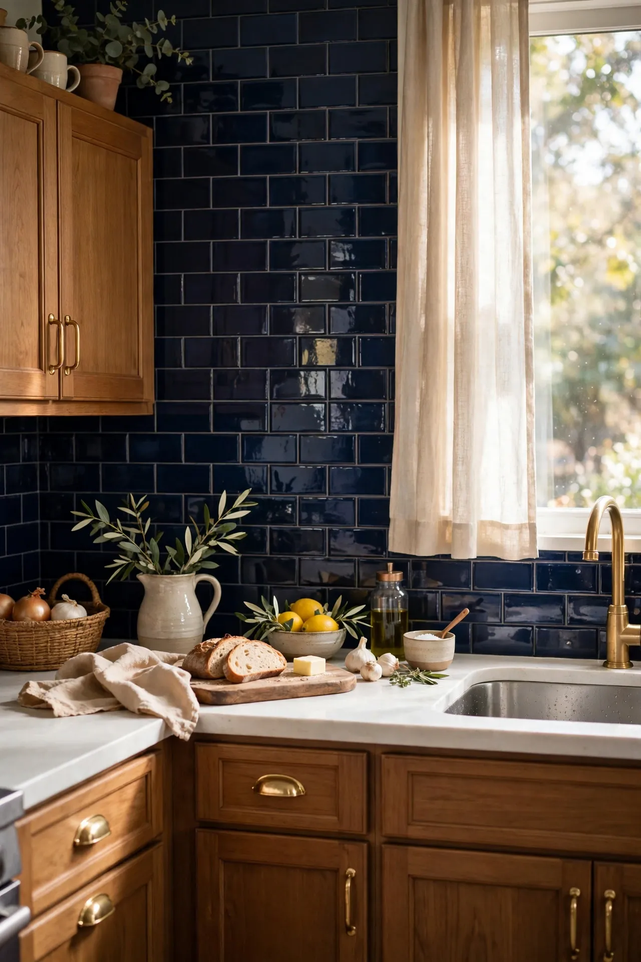 Deep navy gloss tile backsplash with brass handles in a kitchen