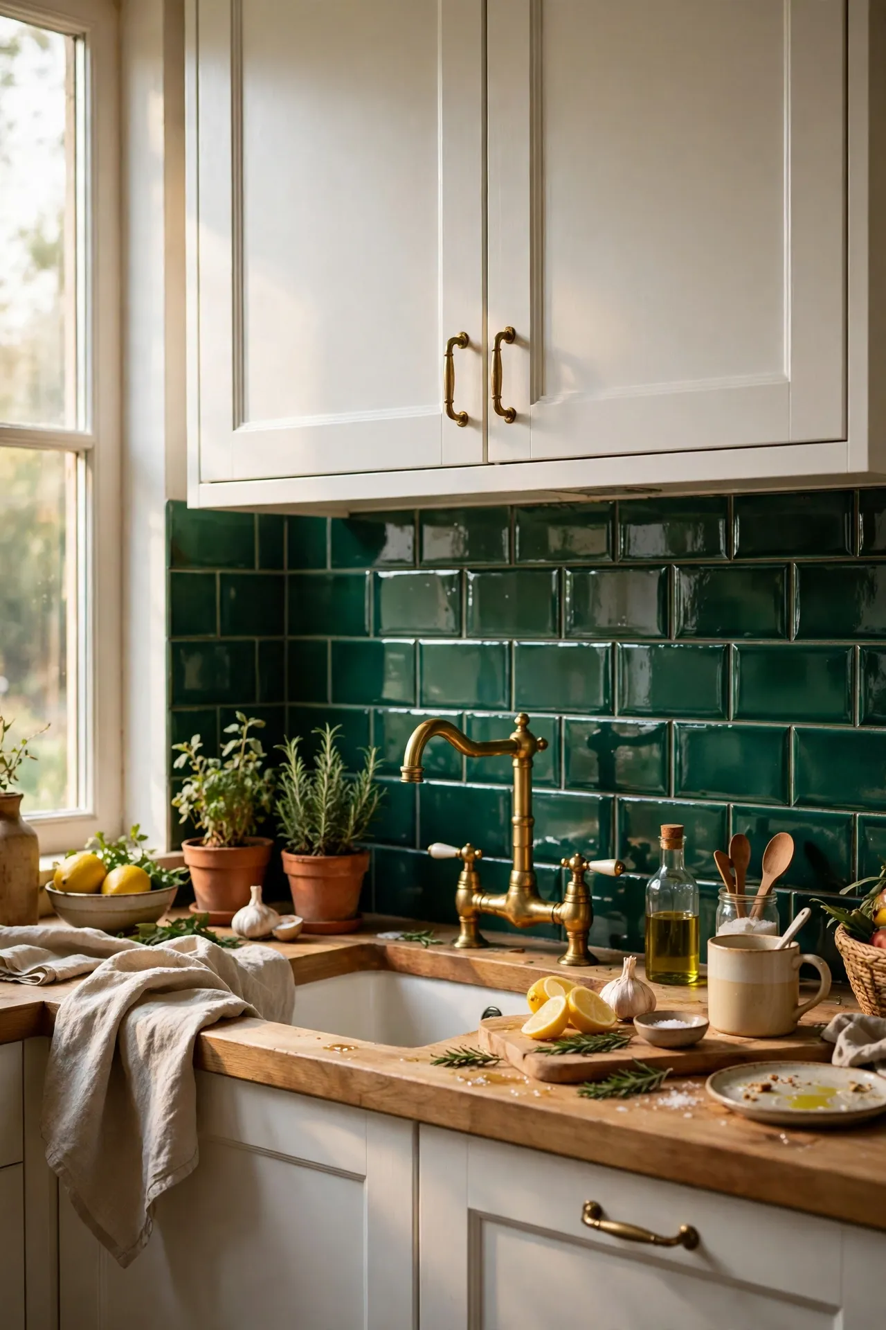 Emerald green gloss tile backsplash with brass taps and white cabinets