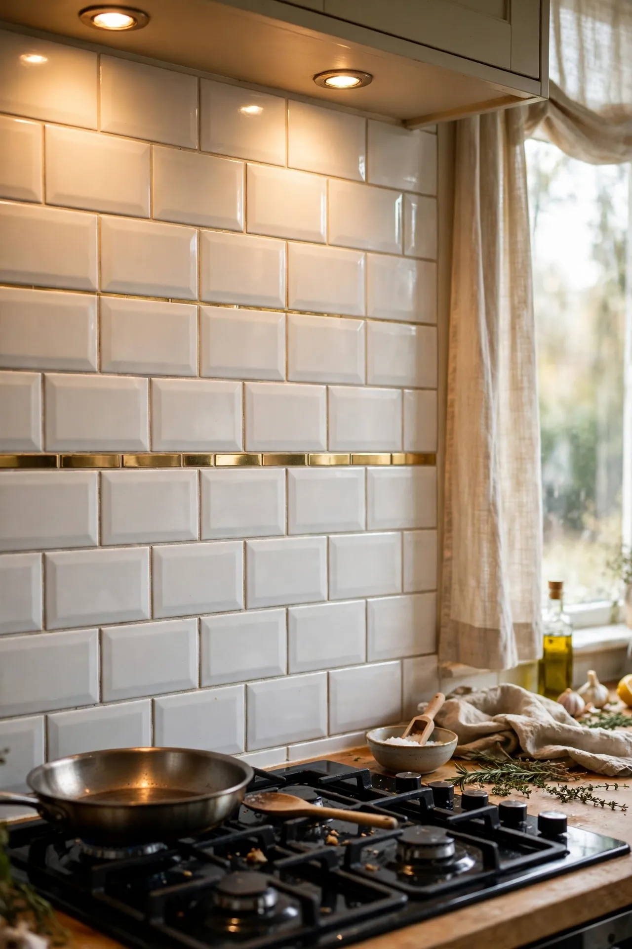 Metallic gold tile accent strip between white subway tiles above hob