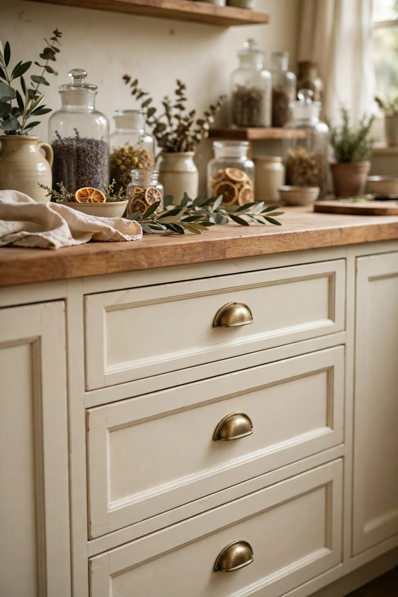 Brushed brass cup pulls on cream kitchen drawers
