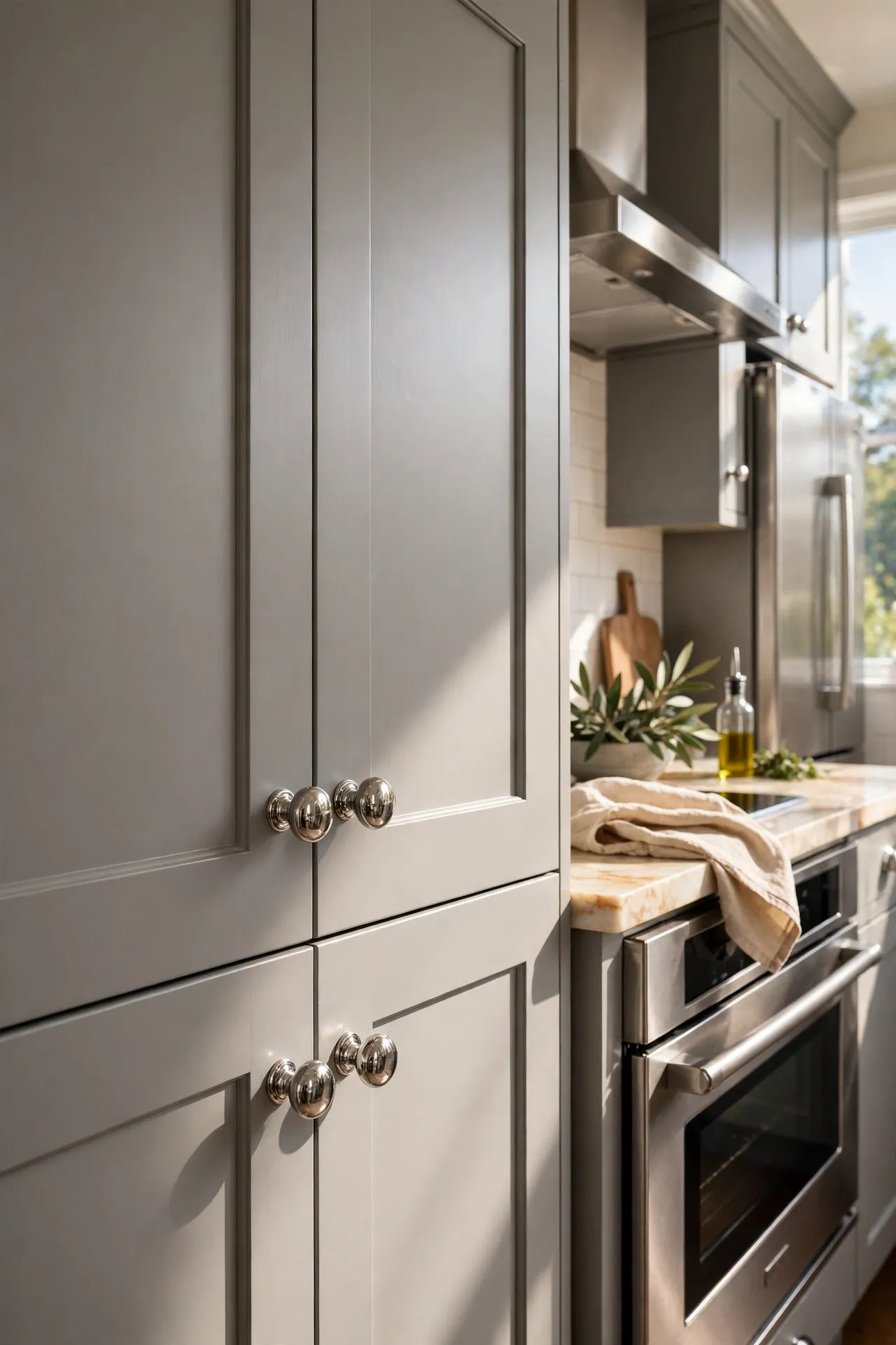 Polished chrome round knobs on grey kitchen cabinet doors