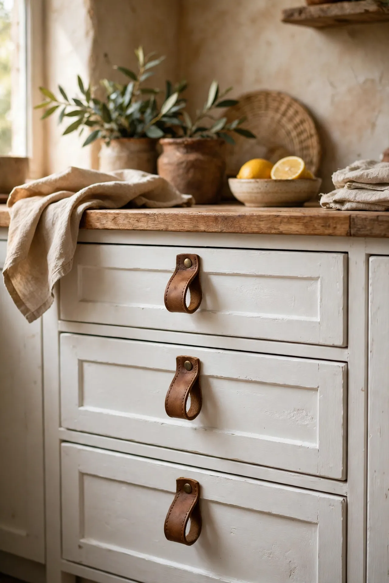 Brown leather loop pulls on white kitchen drawers