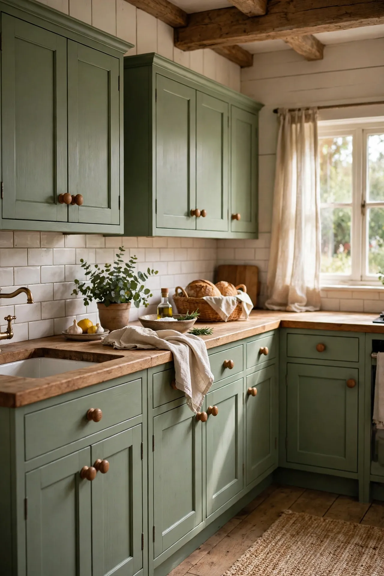 Turned oak wooden knobs on sage green cottage kitchen cabinets