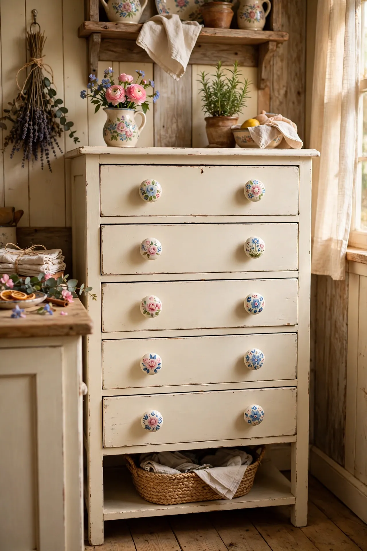 Hand-painted floral ceramic knobs on cream kitchen dresser