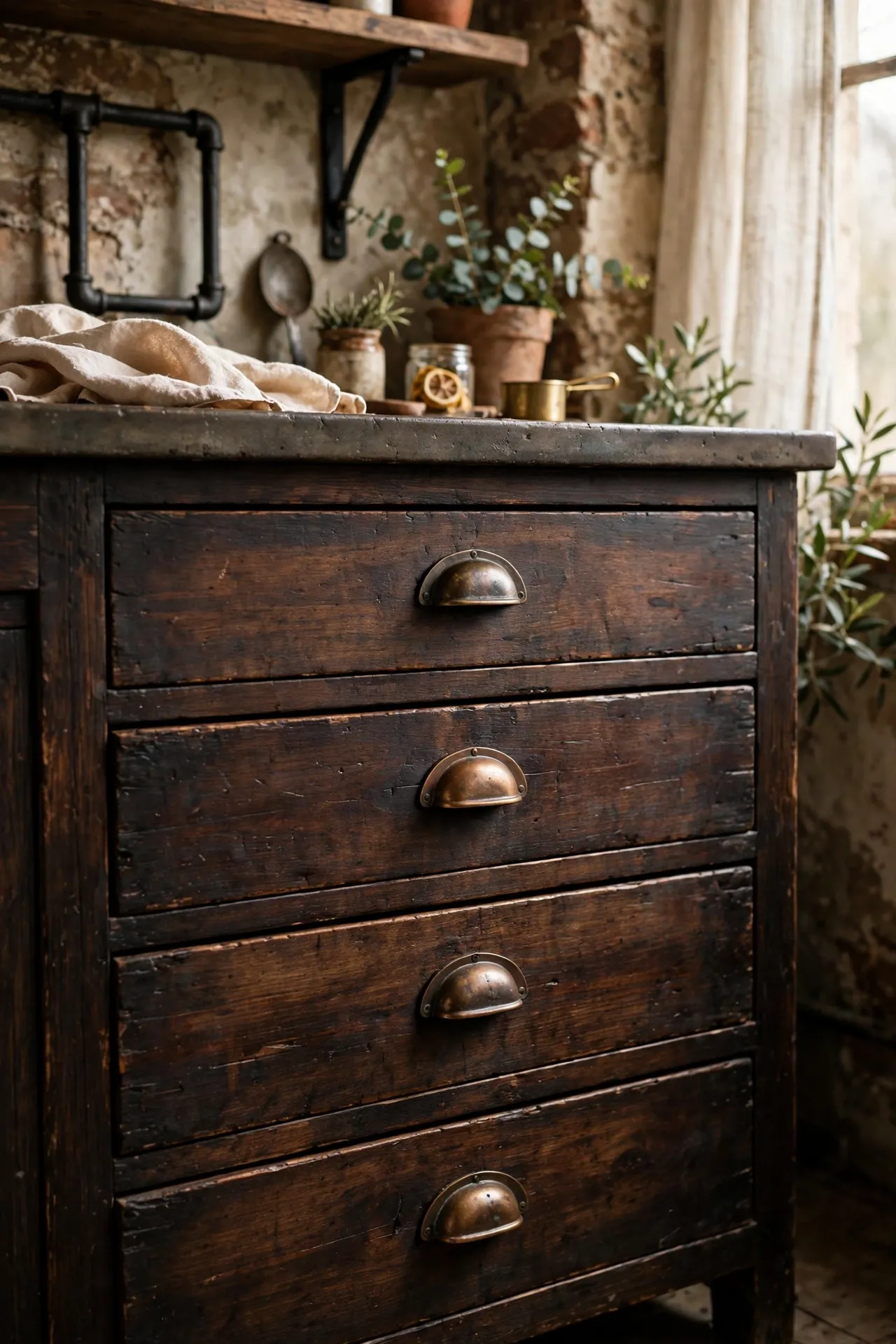 Antique bronze bin pulls on dark wood kitchen drawers