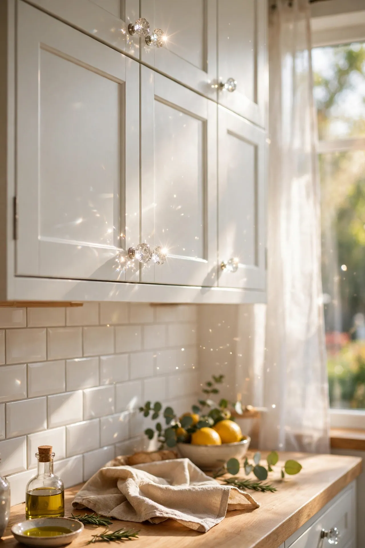 Clear glass knobs sparkling on white kitchen cabinets