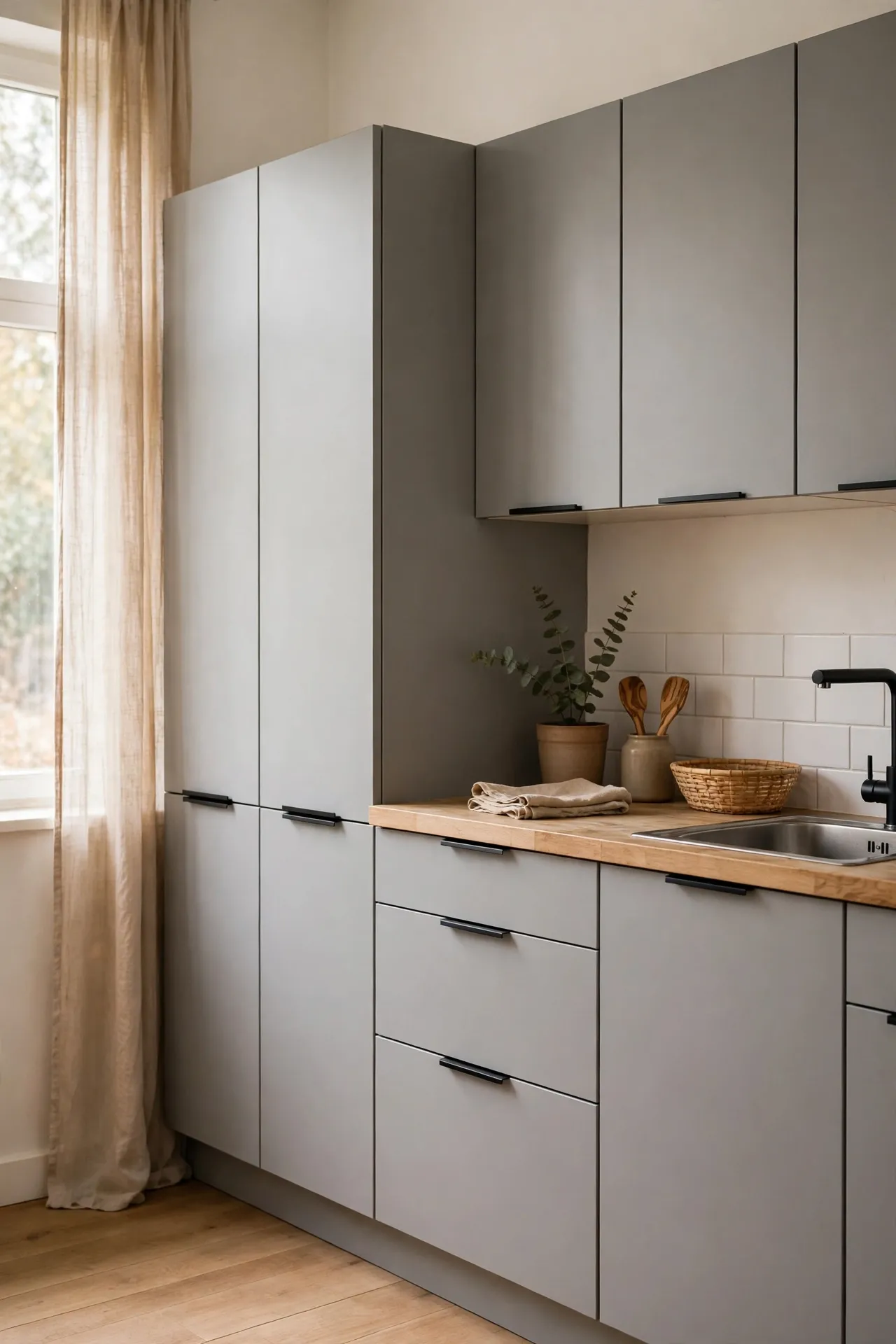 Slim black edge pulls on flat-front modern kitchen cabinets