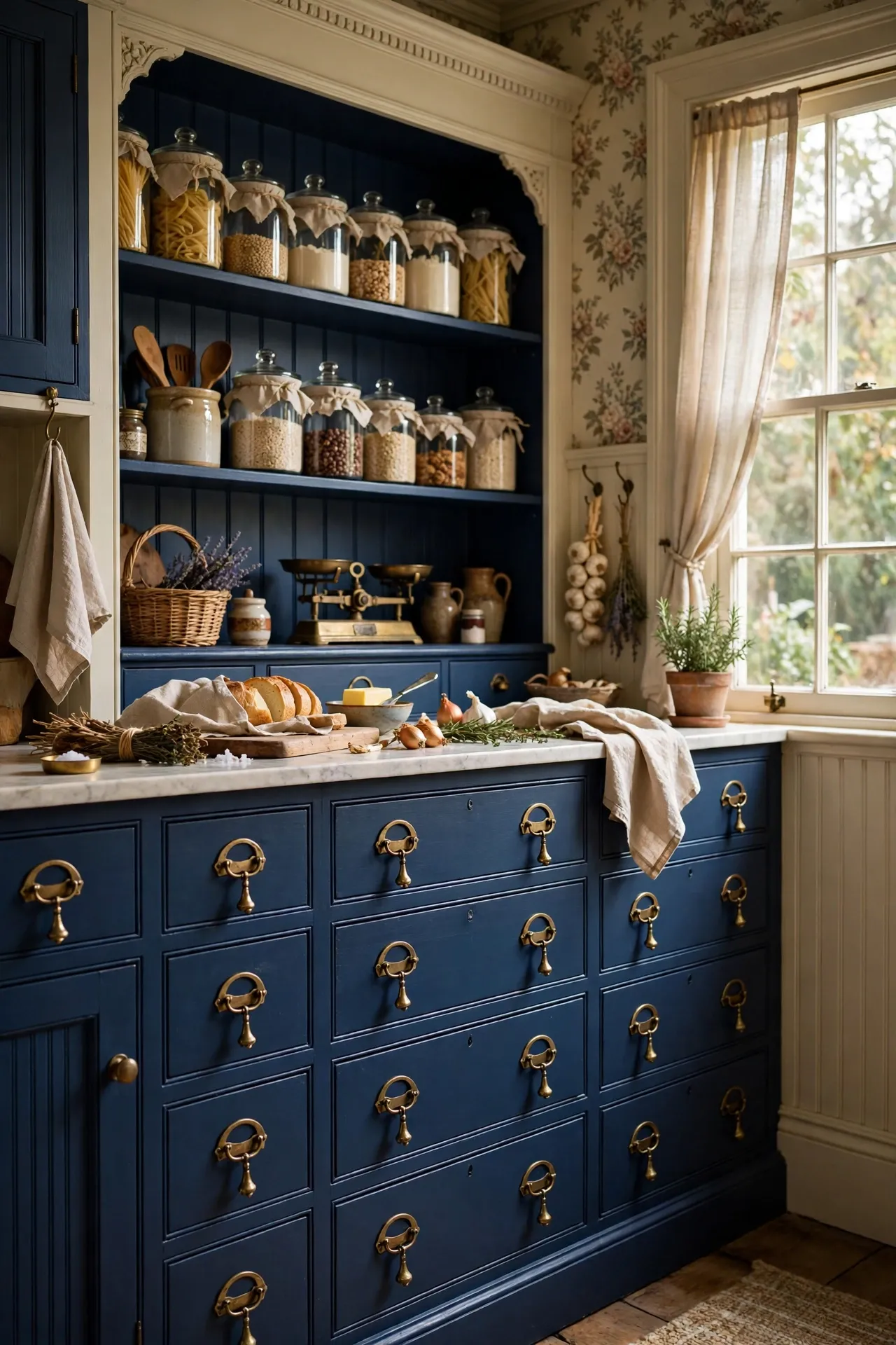 Vintage brass drop handles on navy kitchen drawers