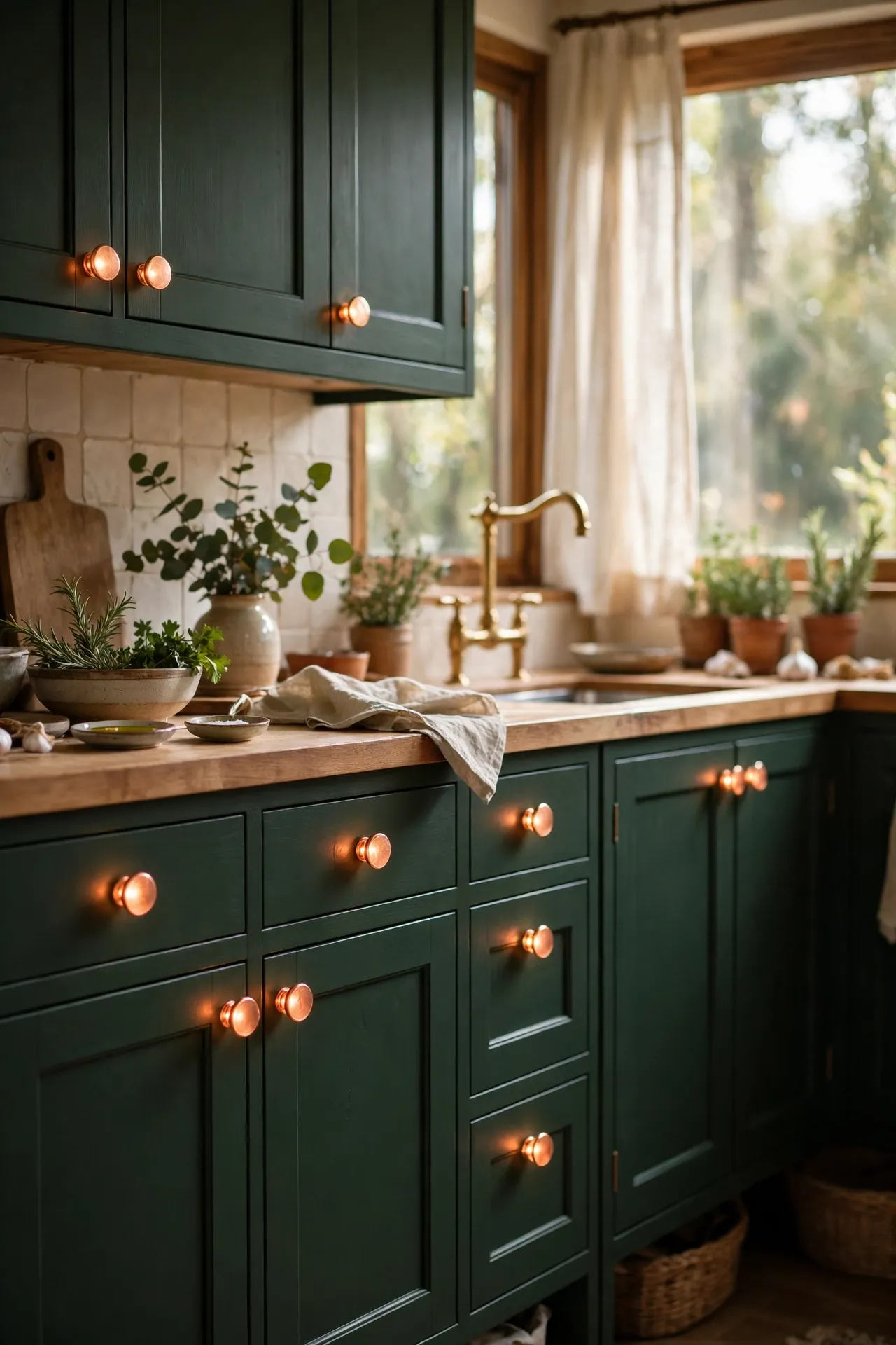 Copper knobs glowing on dark green kitchen cabinets