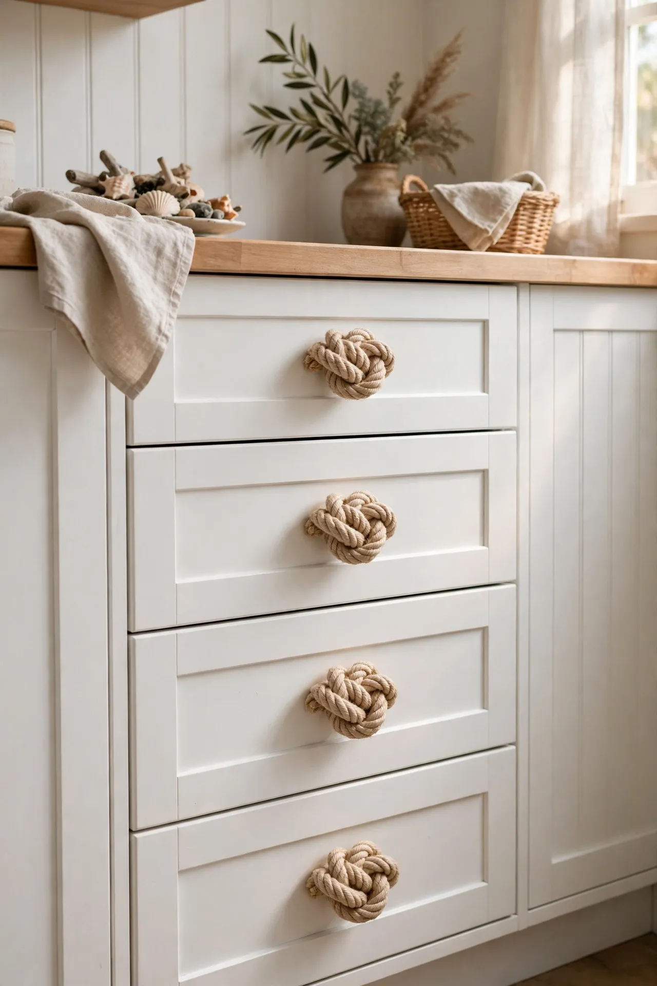 Thick knotted rope pulls on white coastal kitchen drawers