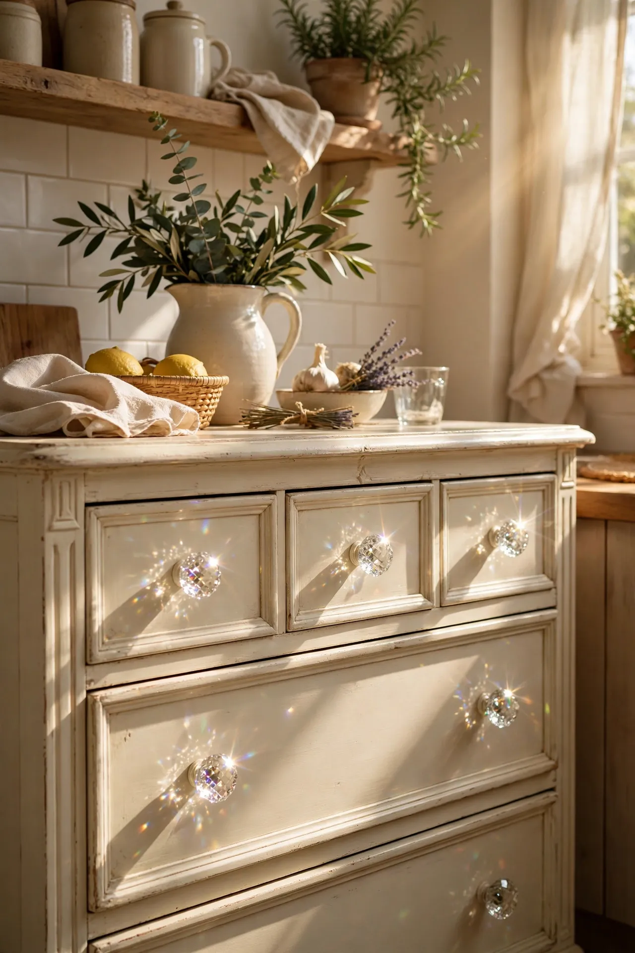 Cut-glass crystal knobs on cream vintage kitchen dresser