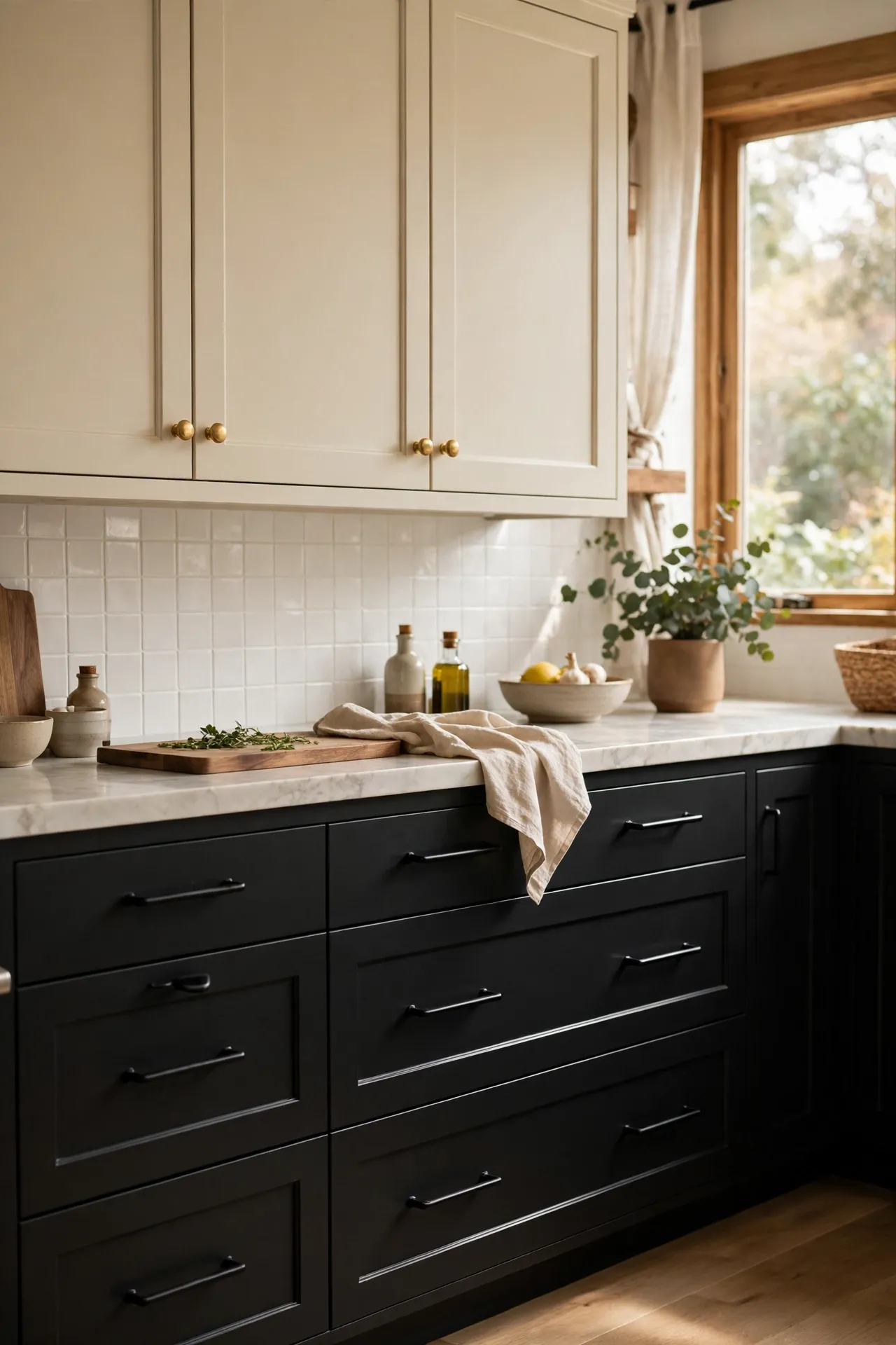 Brass knobs and black pulls mixed in two-tone kitchen