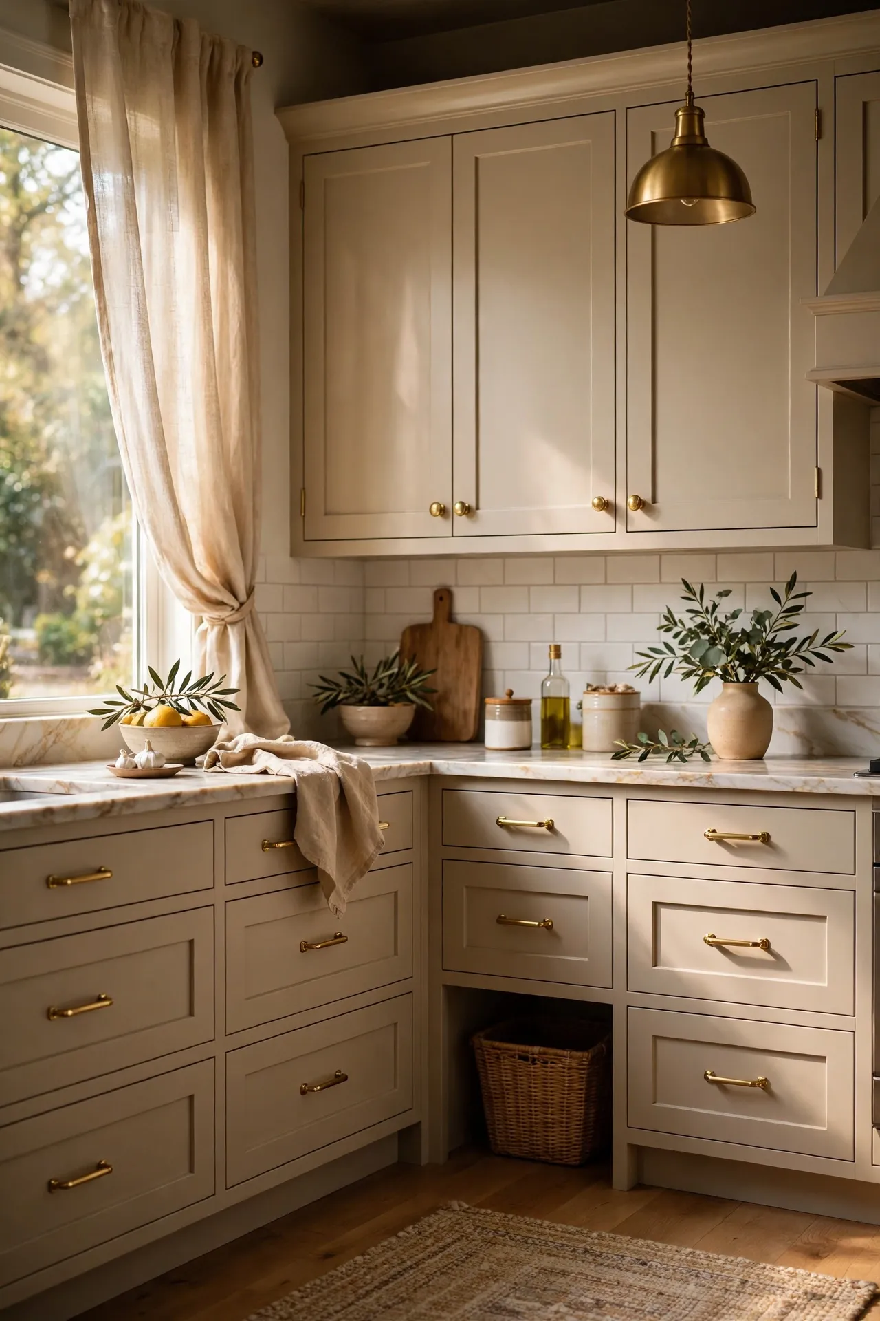 Brass knobs on doors and pulls on drawers, styled kitchen