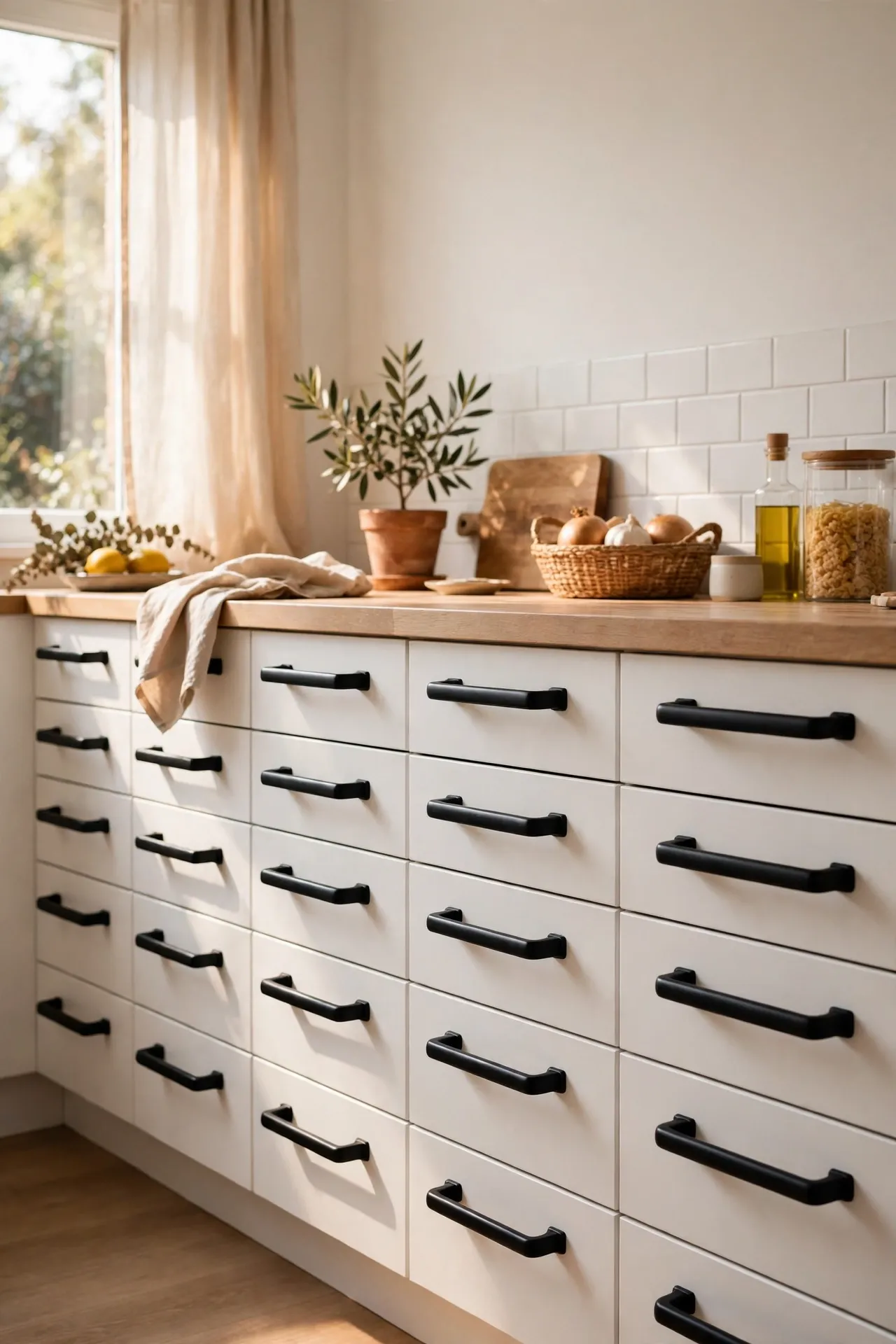 Oversized black statement pulls on long kitchen drawers