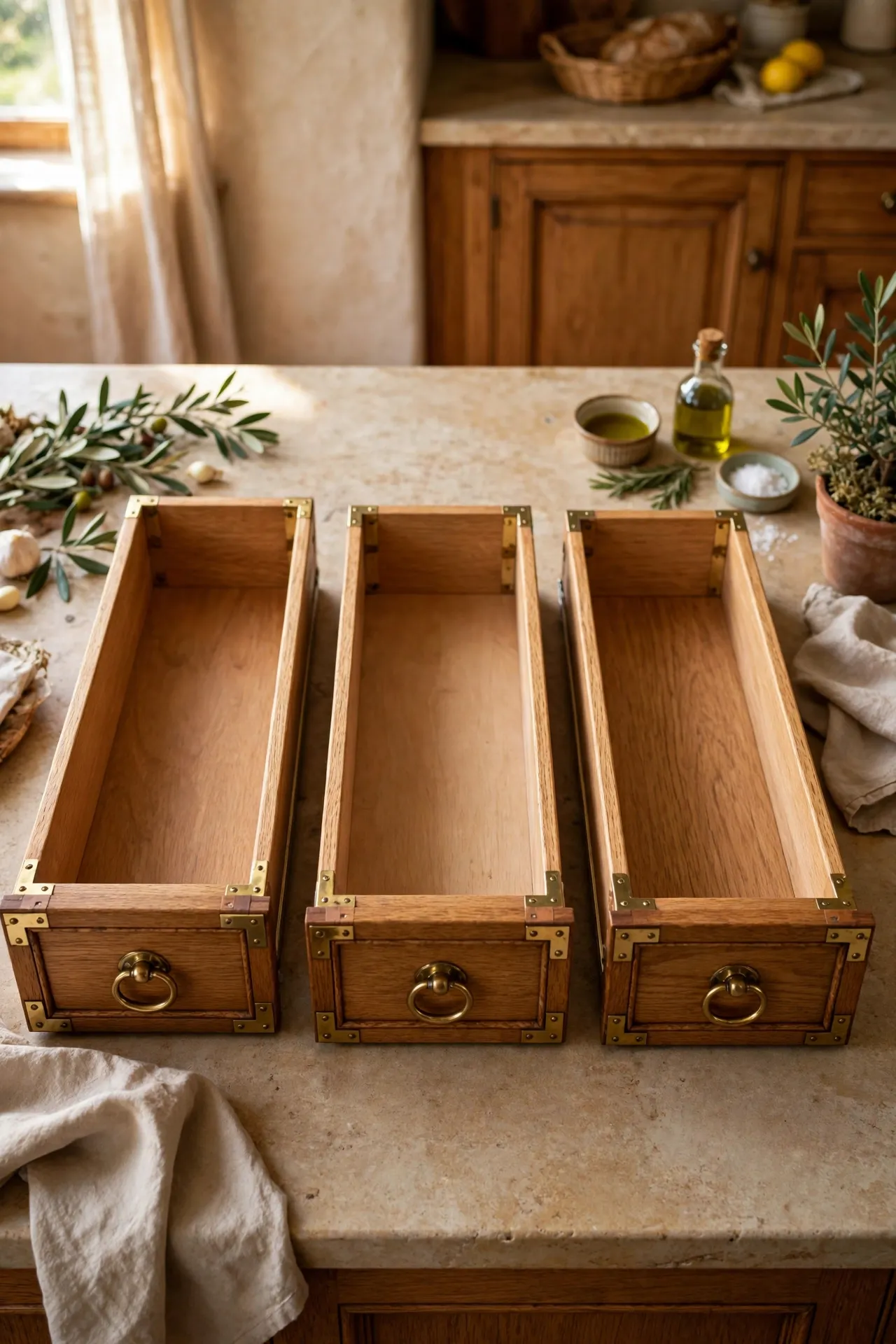 Flush brass ring pulls lying flat on oak kitchen drawers