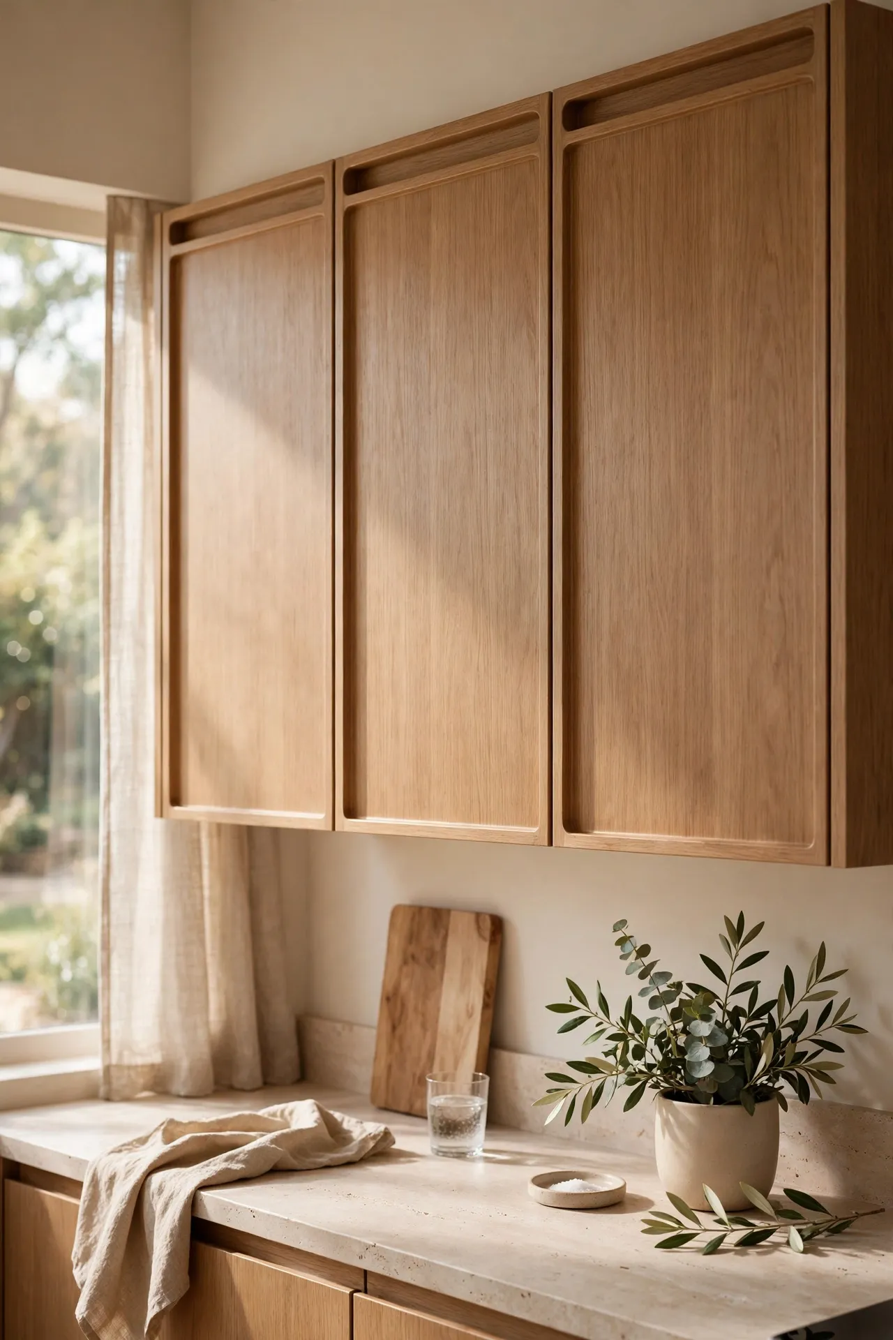 Routed finger pull groove along handleless kitchen door edge