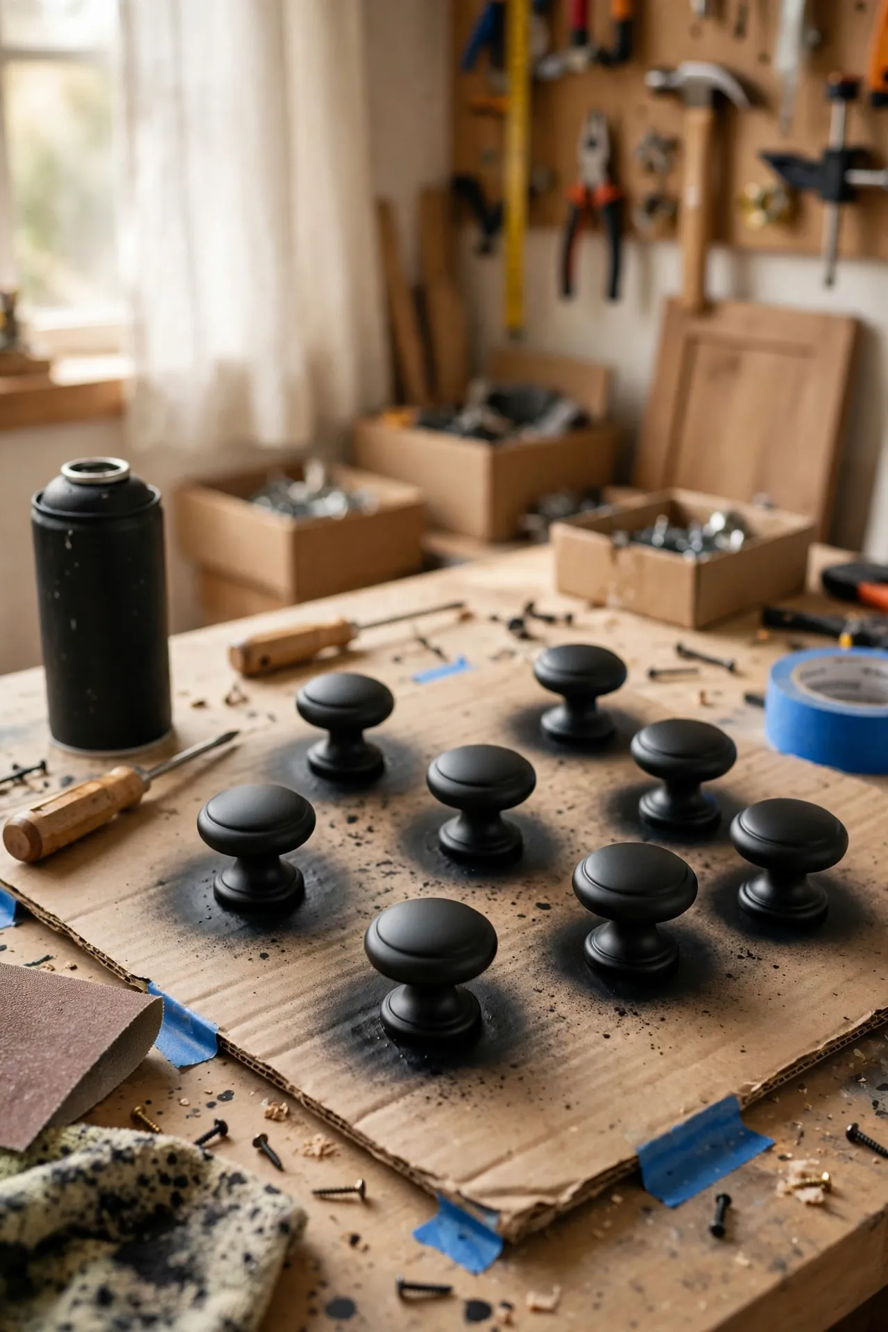 Spray-painted matte black knobs drying on cardboard