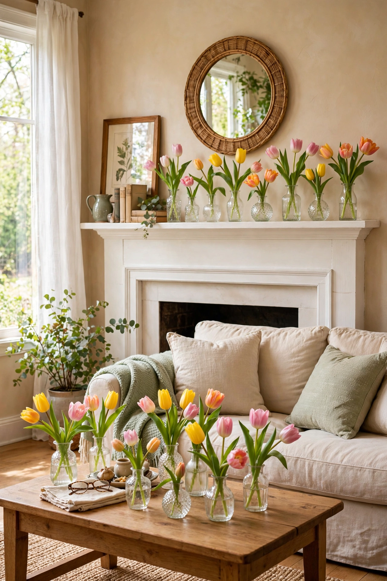Grocery store tulips divided into thrifted vases around living room, spring living room decor on a budget