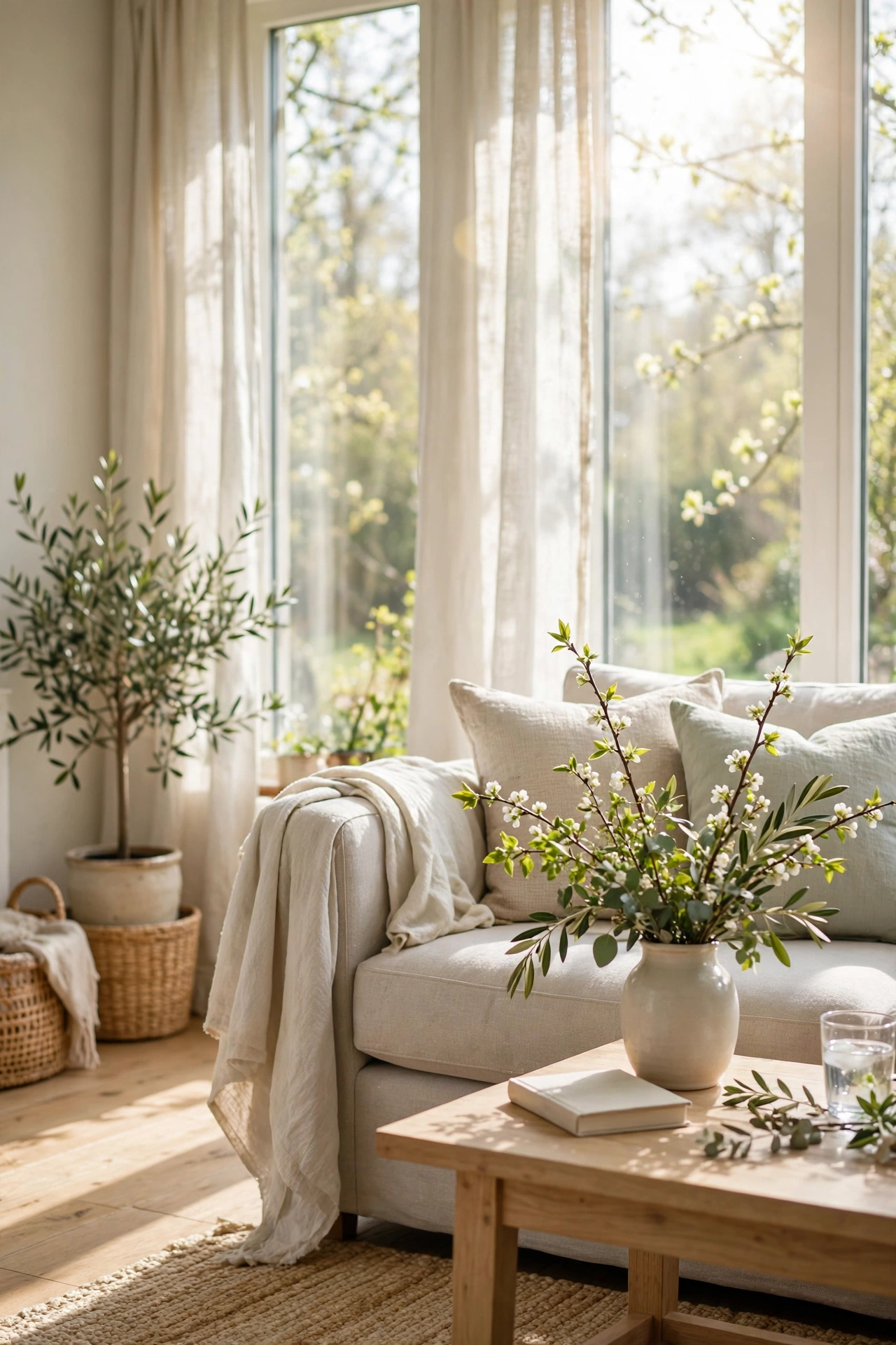Light cream linen throw blanket on sofa for spring, budget spring living room decor