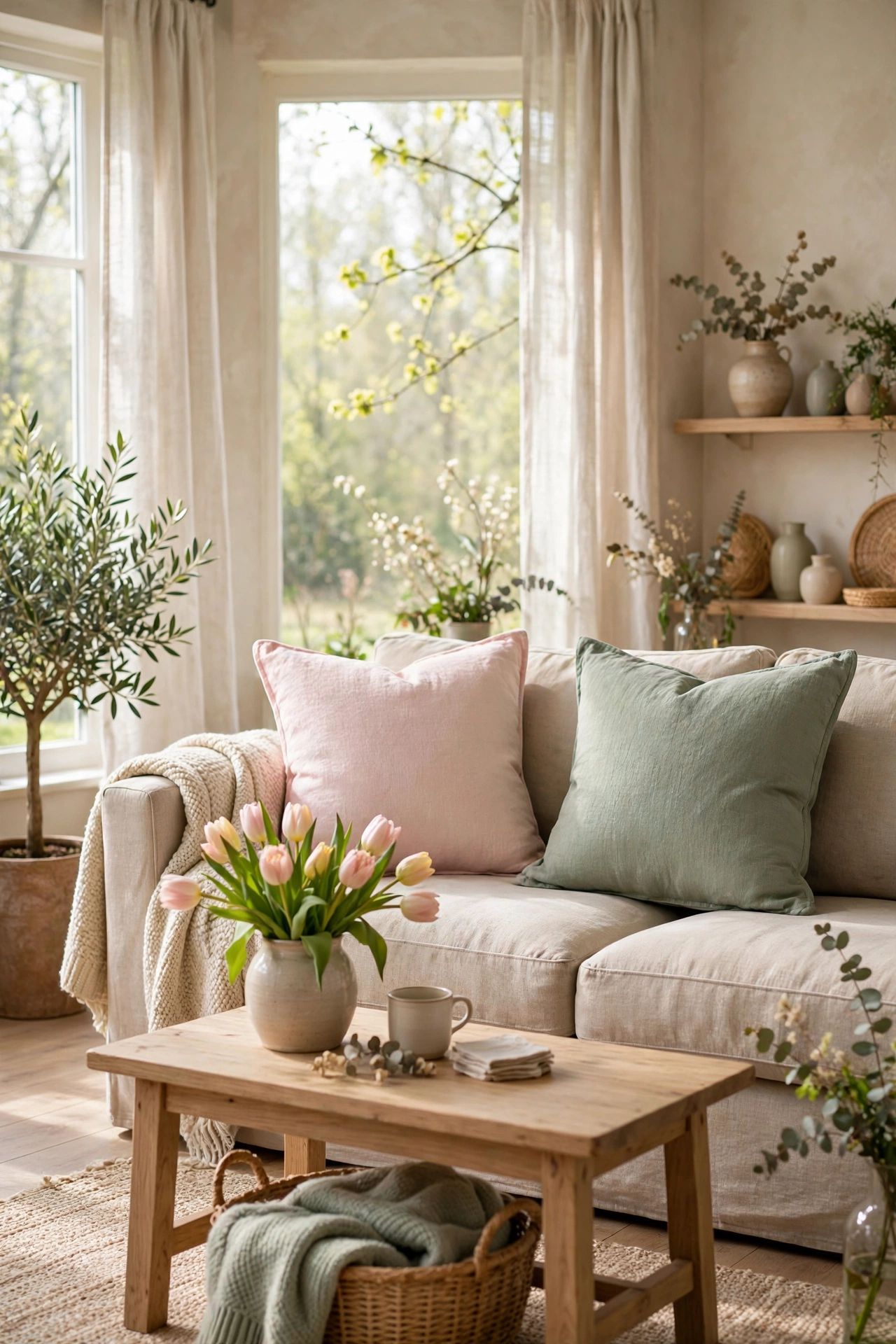 Pastel blush and sage pillow covers on neutral sofa, spring living room decor ideas on a budget