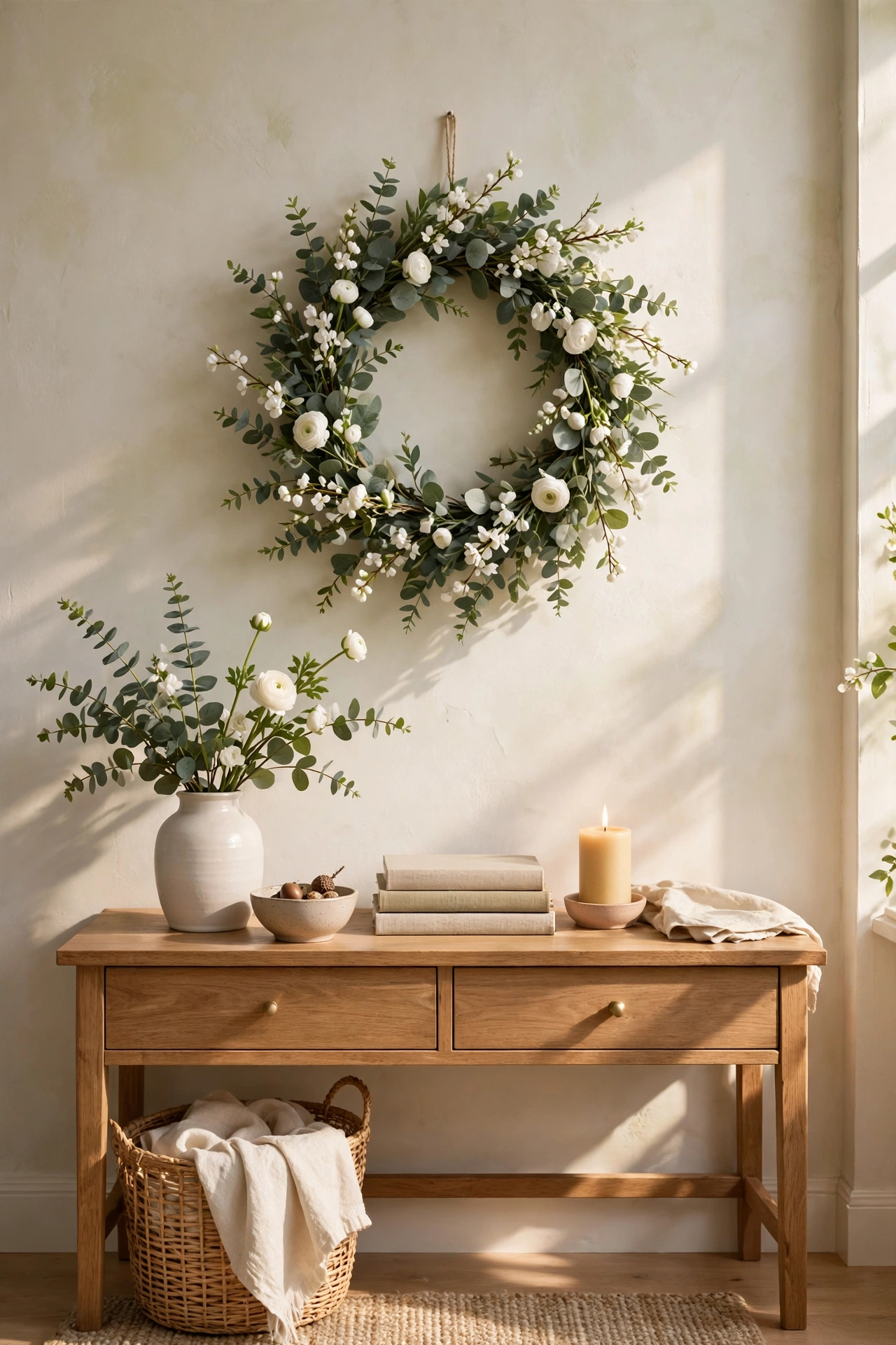 Faux eucalyptus spring wreath hung on living room wall, budget spring decor